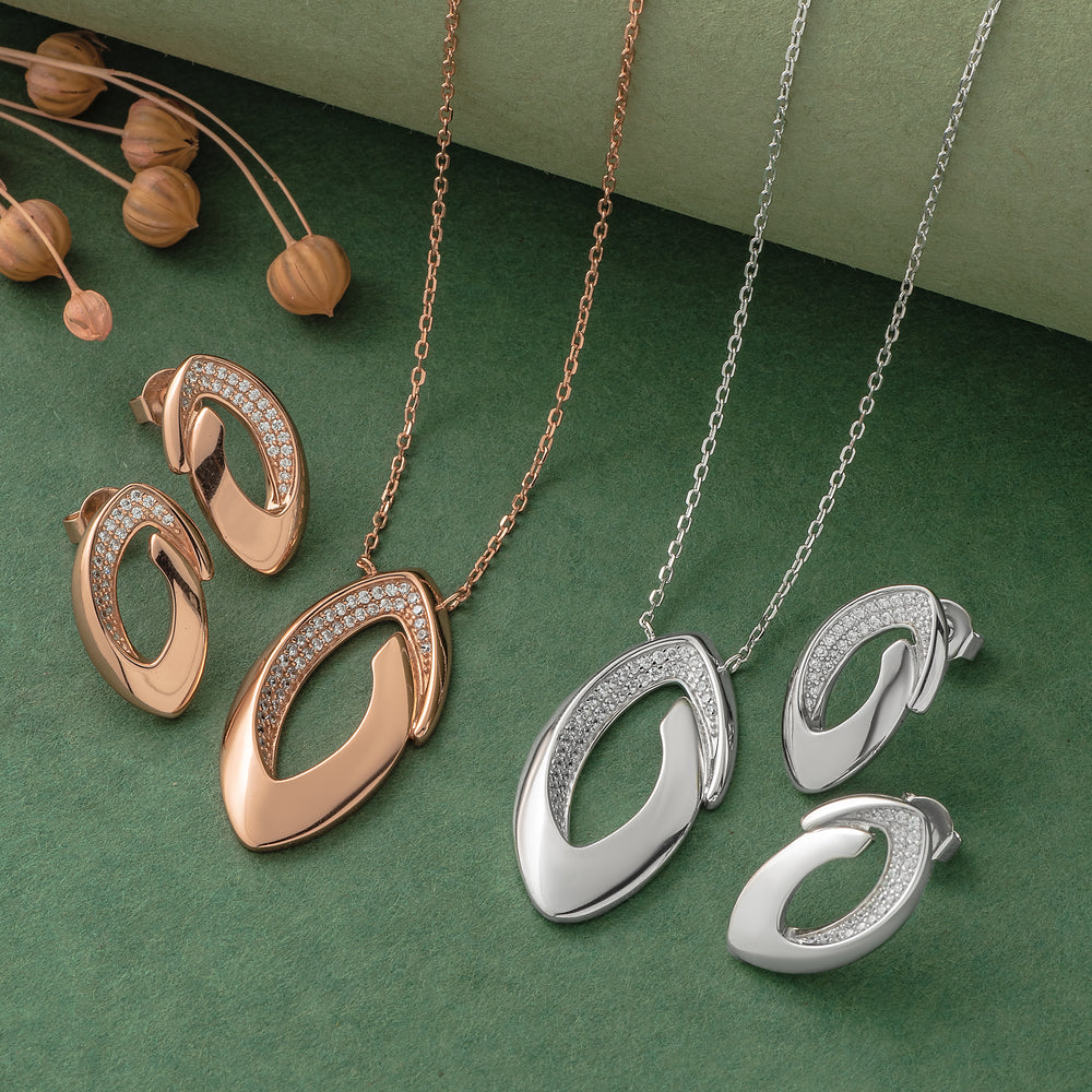 925 Silver Pendant Set With Earrings By Kesardeep For Women Rose Gold And Silver Plated Party Wear