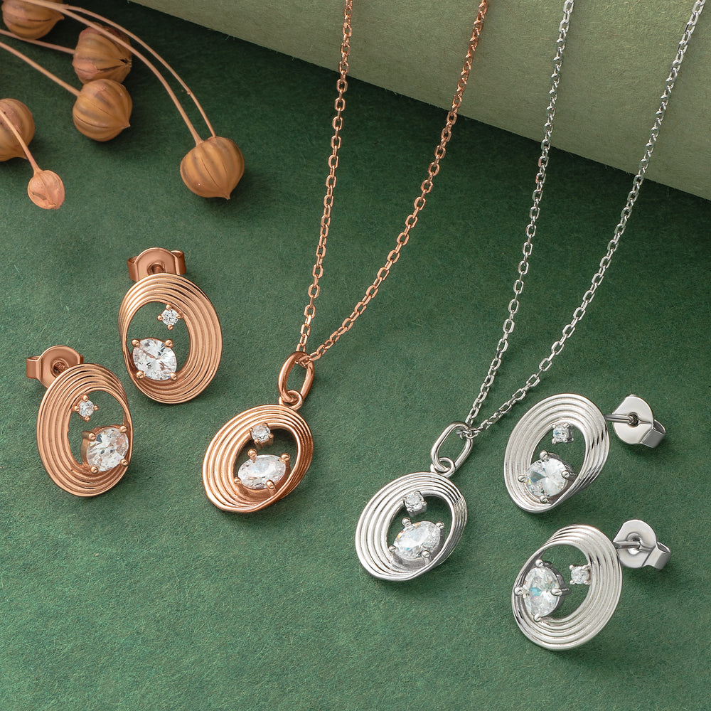 925 Silver Pendant Set With Earrings By Kesardeep For Women Rose Gold And Silver Plated Party Wear