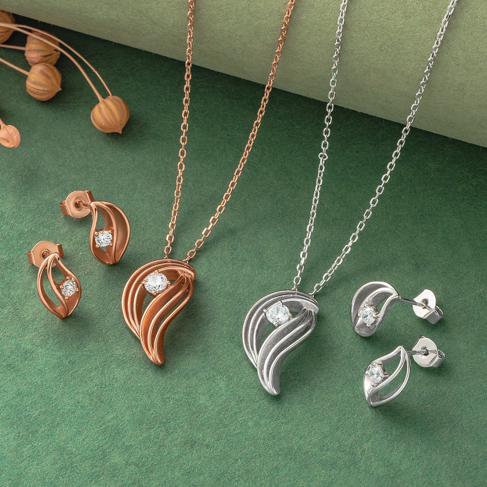 925 Silver Pendant Set With Earrings By Kesardeep For Women Rose Gold And Silver Plated Party Wear