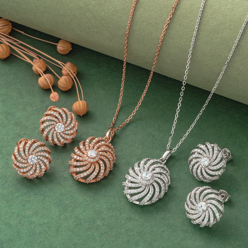 925 Silver Pendant Set With Earrings By Kesardeep For Women Rose Gold And Silver Plated Party Wear