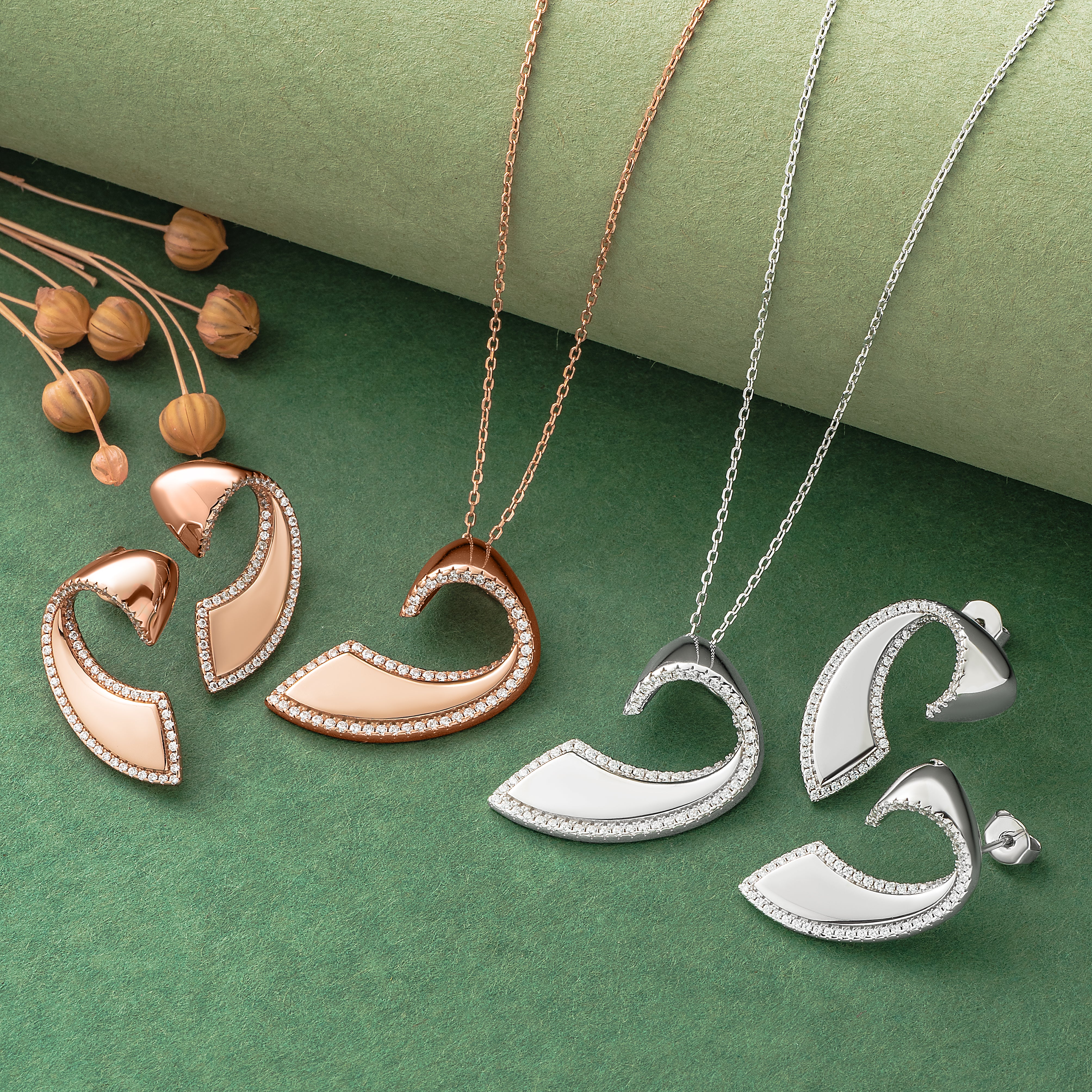 925 Silver Pendant Set With Earrings By Kesardeep For Women Rose Gold And Silver Plated Party Wear