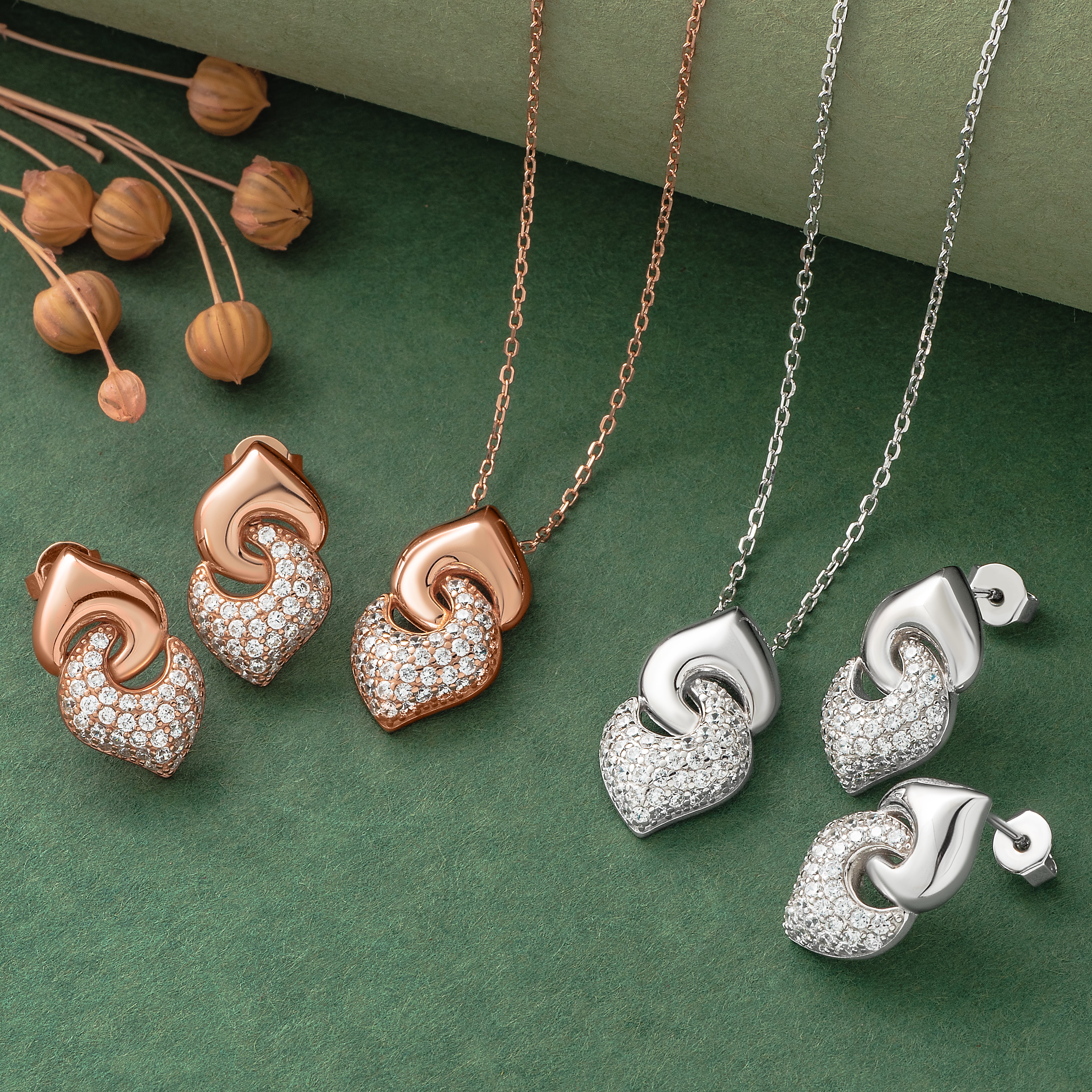 925 Silver Pendant Set With Earrings By Kesardeep For Women Rose Gold And Silver Plated Party Wear