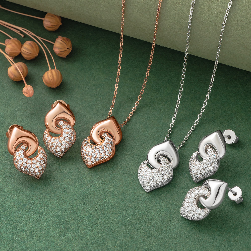 925 Silver Pendant Set With Earrings By Kesardeep For Women Rose Gold And Silver Plated Party Wear