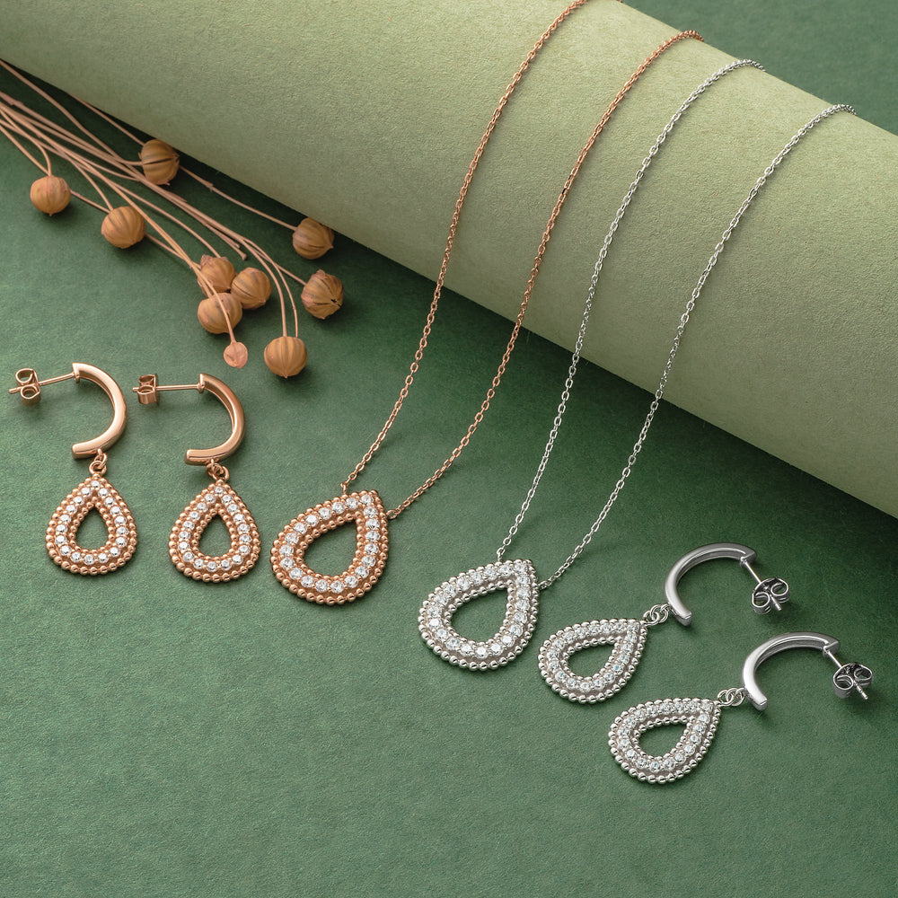 925 Silver Pendant Set With Earrings By Kesardeep For Women Rose Gold And Silver Plated Party Wear
