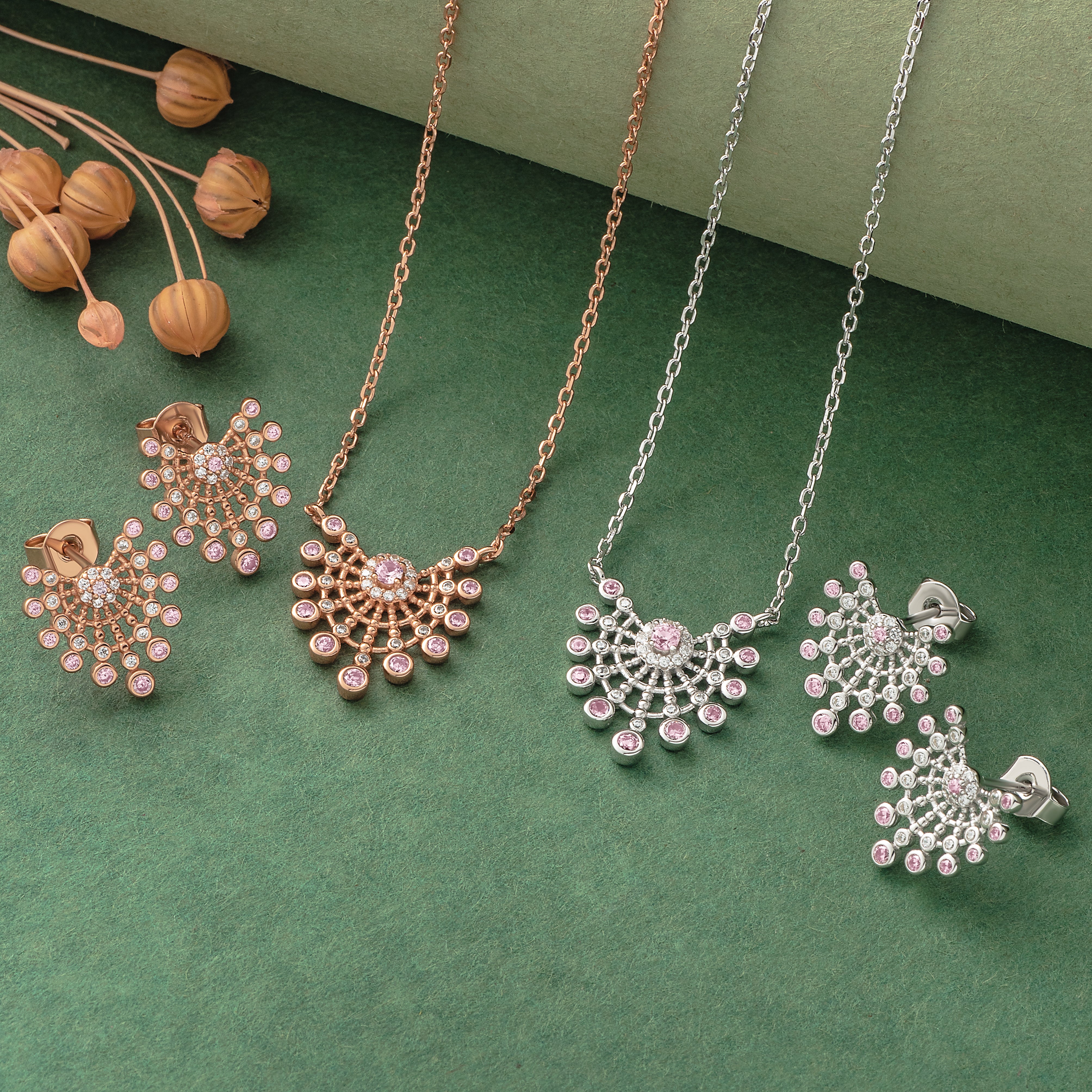 925 Silver Pendant Set With Earrings By Kesardeep For Women Rose Gold And Silver Plated Party Wear