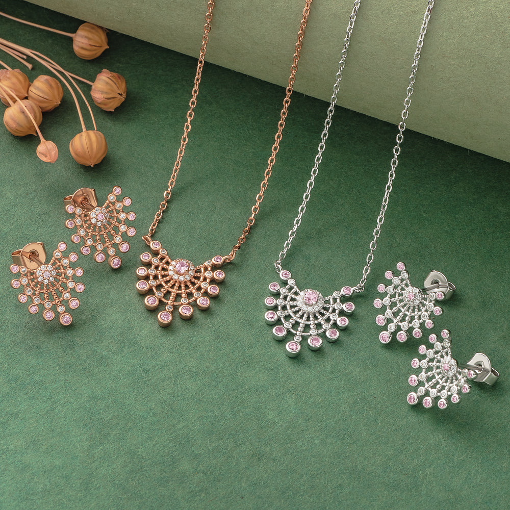925 Silver Pendant Set With Earrings By Kesardeep For Women Rose Gold And Silver Plated Party Wear