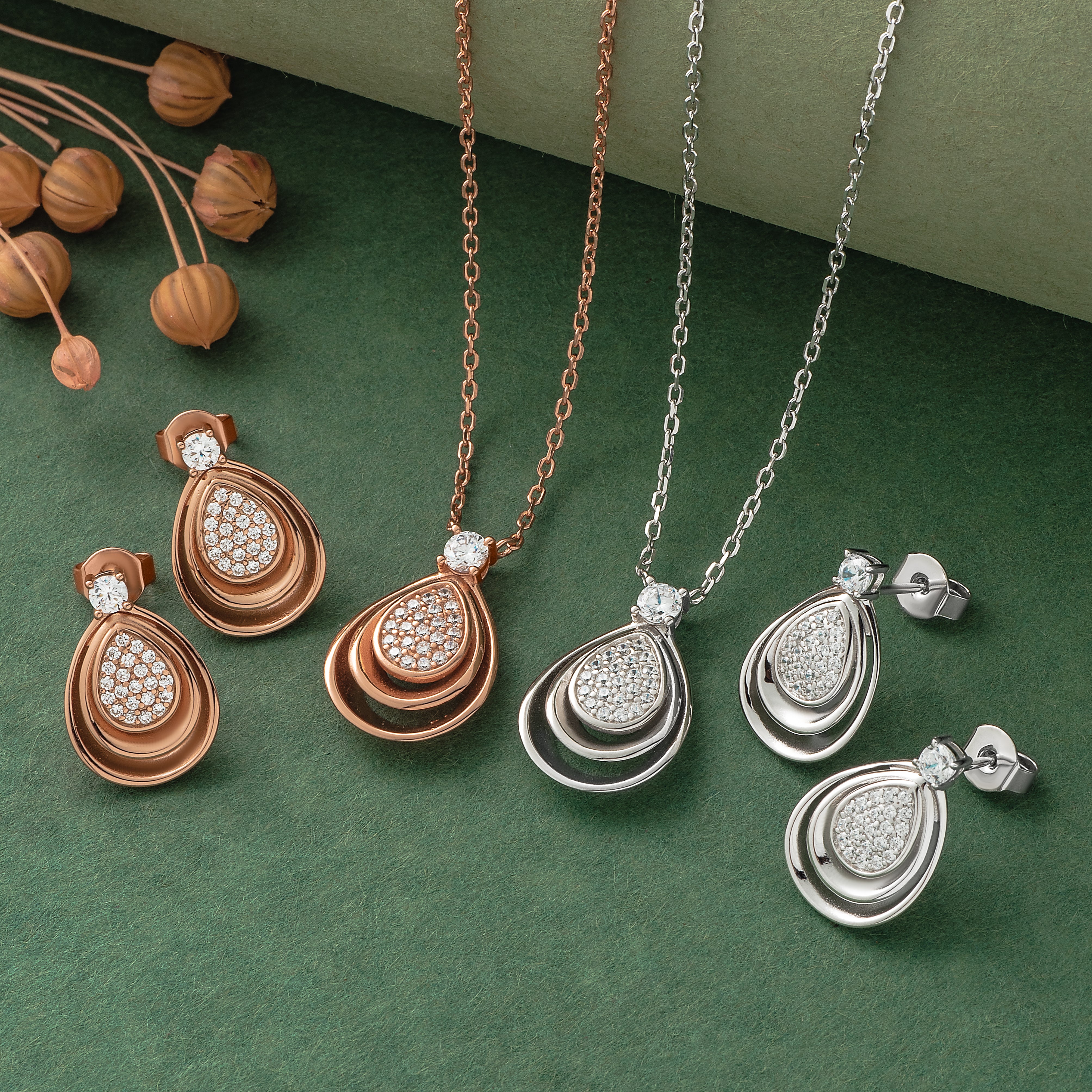925 Silver Pendant Set With Earrings By Kesardeep For Women Rose Gold And Silver Plated Party Wear