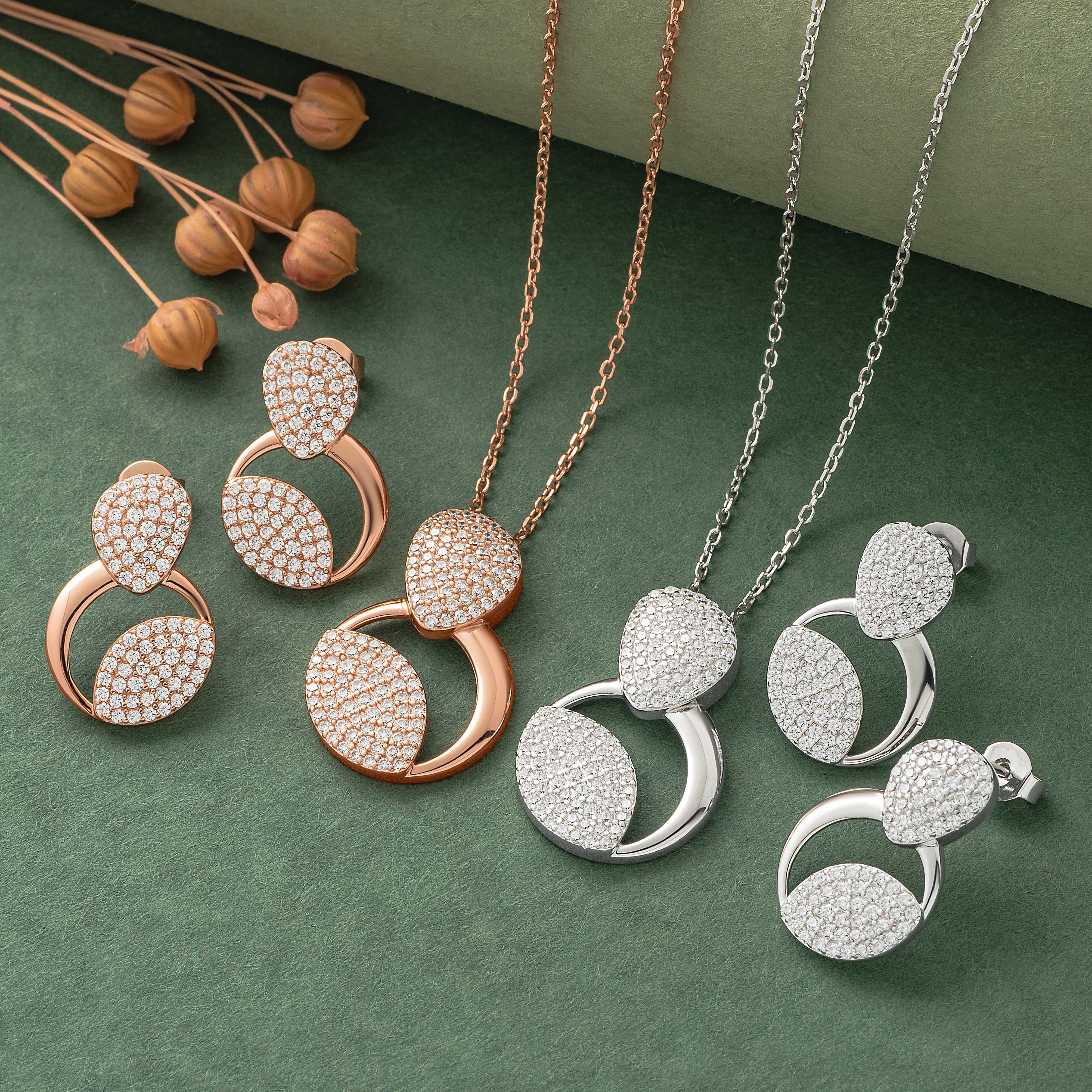 925 Silver Pendant Set With Earrings By Kesardeep For Women Rose Gold And Silver Plated Party Wear