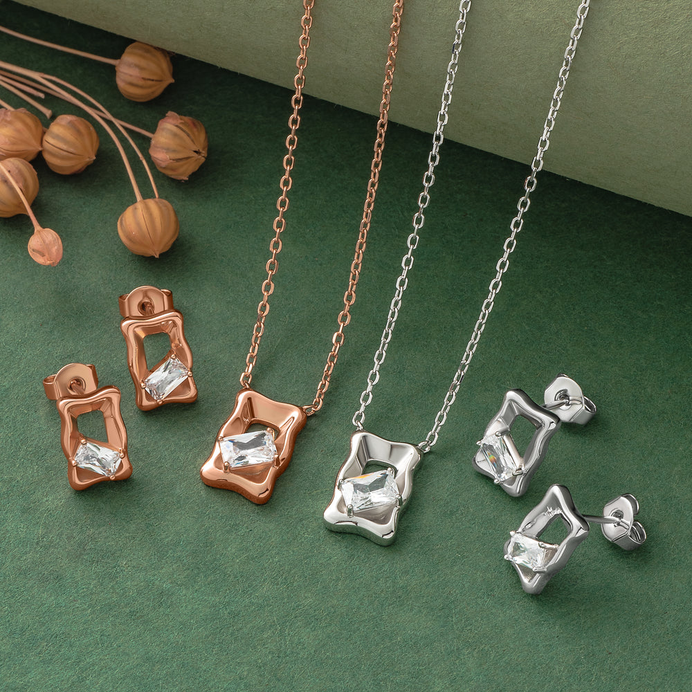 925 Silver Pendent Set With Earrings By Kesardeep For Women Rose Gold And Silver Plated Party Wear.