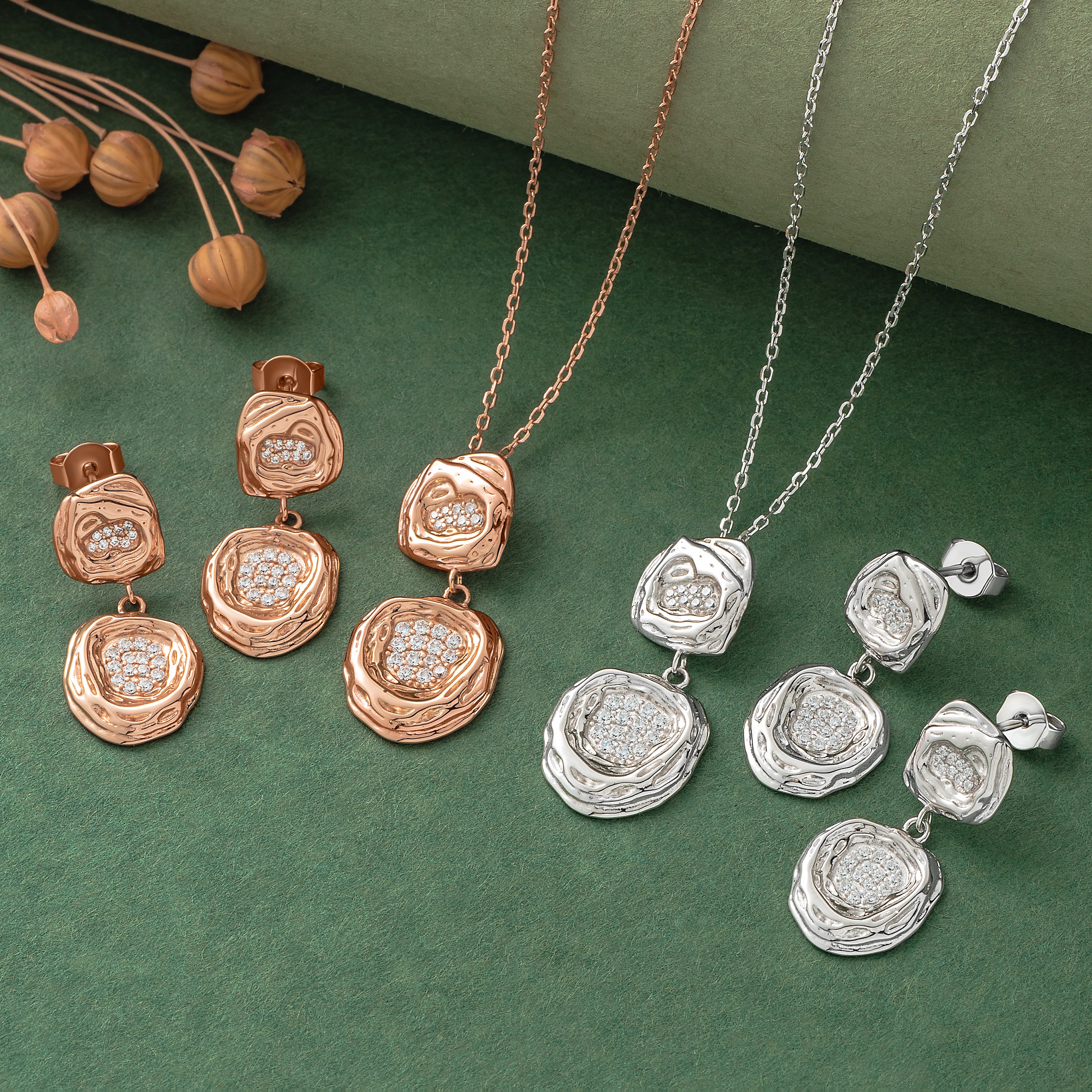 925 Silver Pendent Set With Earrings By Kesardeep For Women Rose Gold And Silver Plated Party Wear