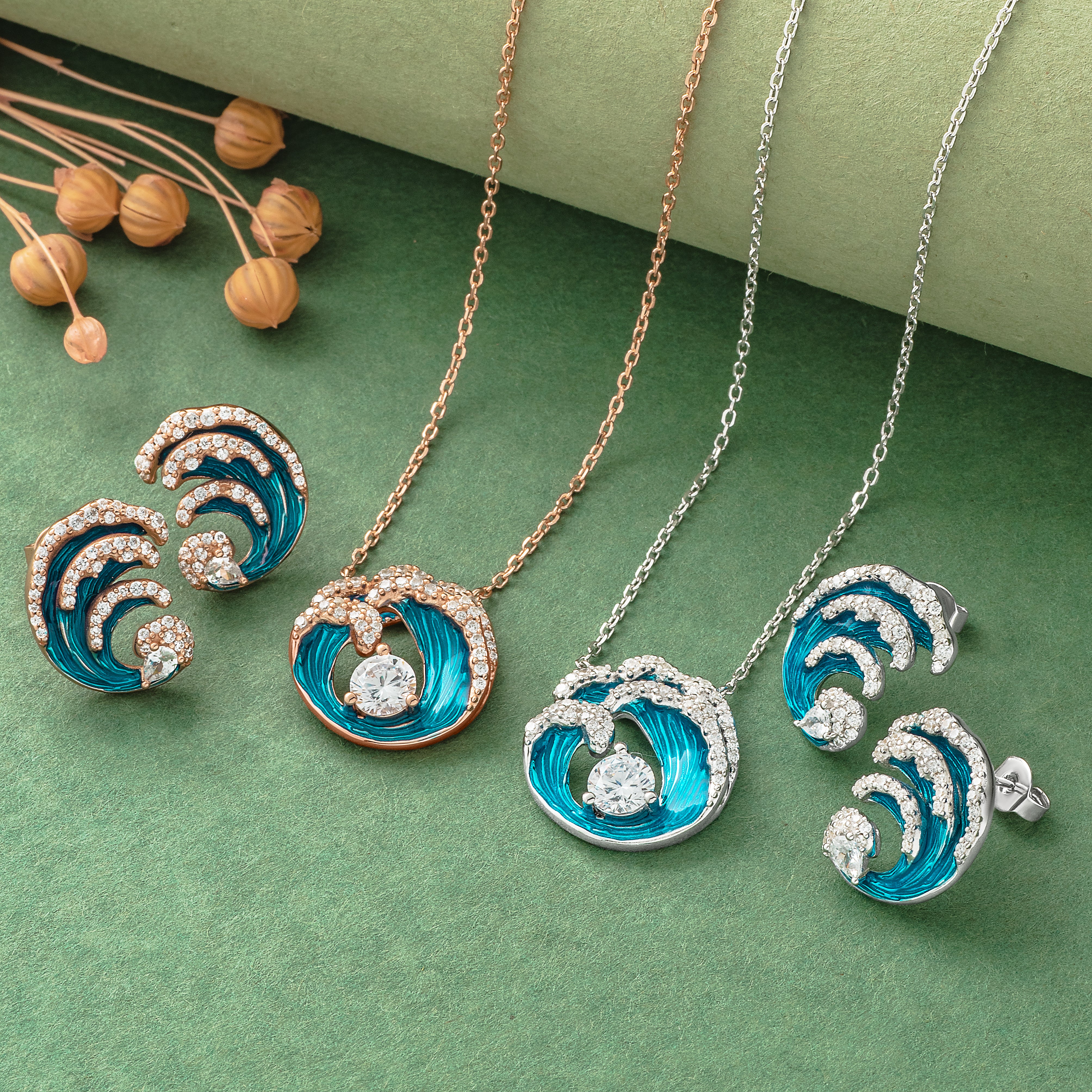 925 Silver Pendent Set With Earrings By Kesardeep For Women Rose Gold And Silver Plated Party Wear