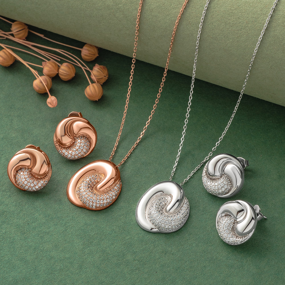925 Silver Pendent Set With Earrings By Kesardeep For Women Rose Gold And Silver Plated Party Wear
