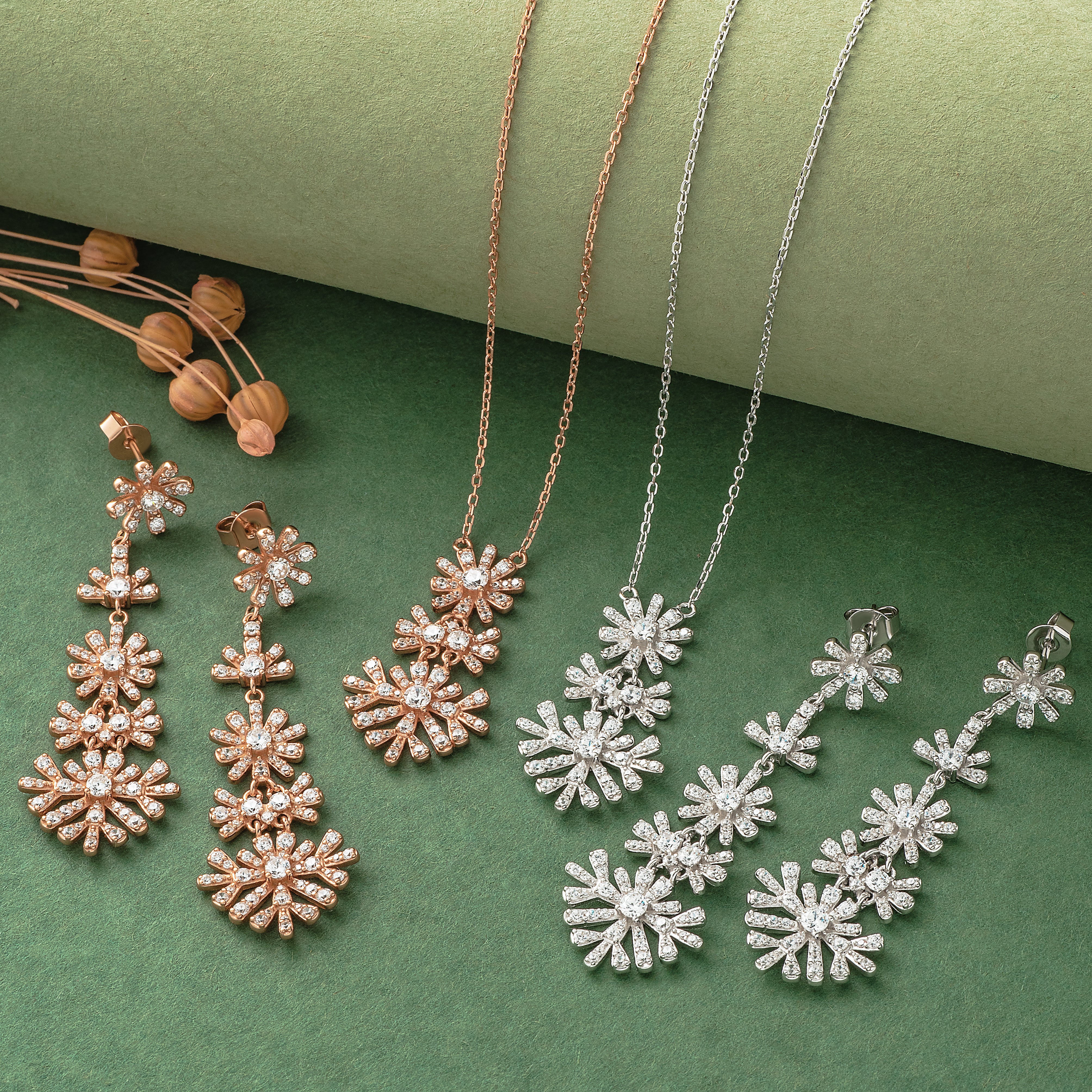 925 Silver Pendent Set With Earrings By Kesardeep For Women Rose Gold And Silver Plated Party Wear