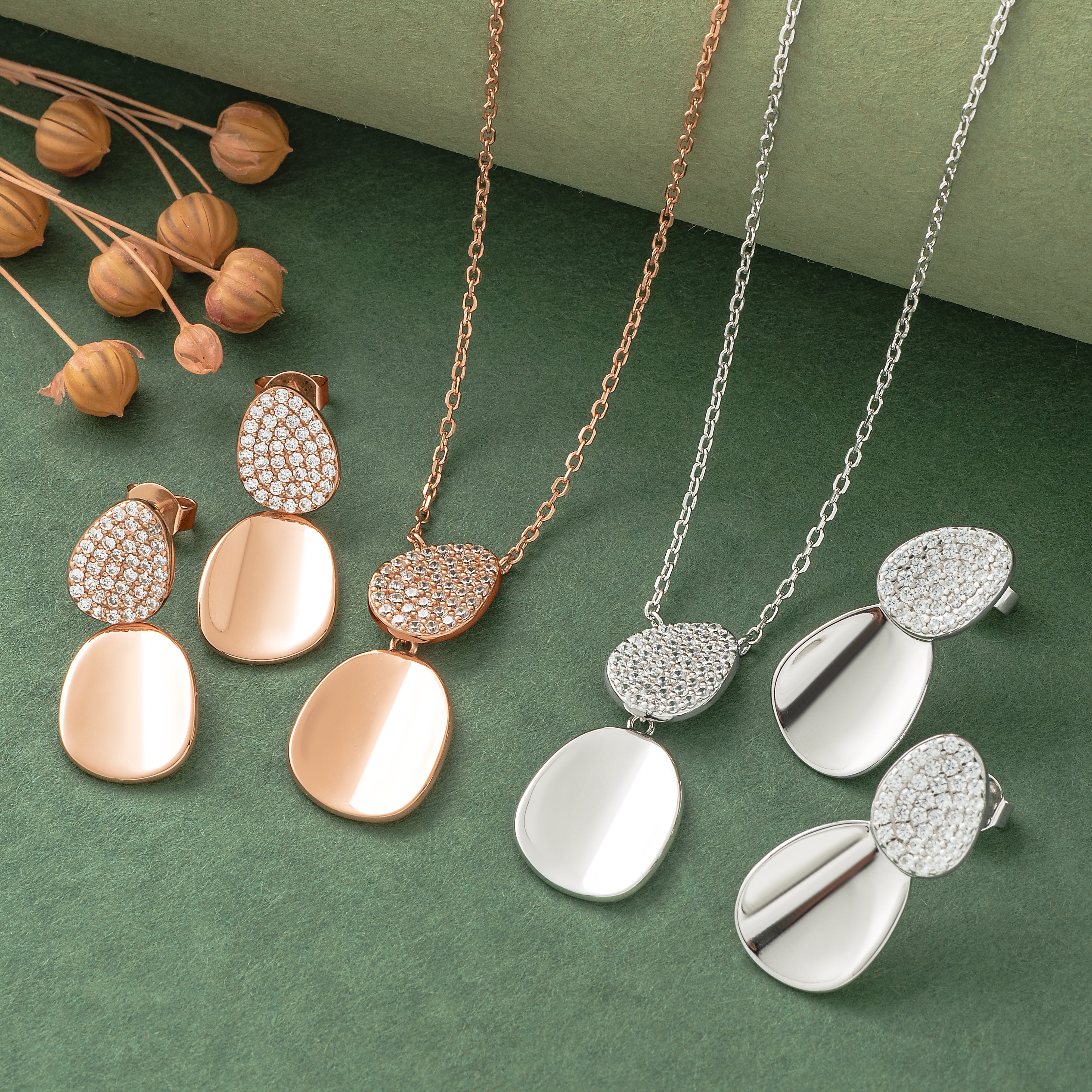 925 Silver Pendant Set With Earrings By Kesardeep For Women Rose Gold And Silver Plated Party Wear