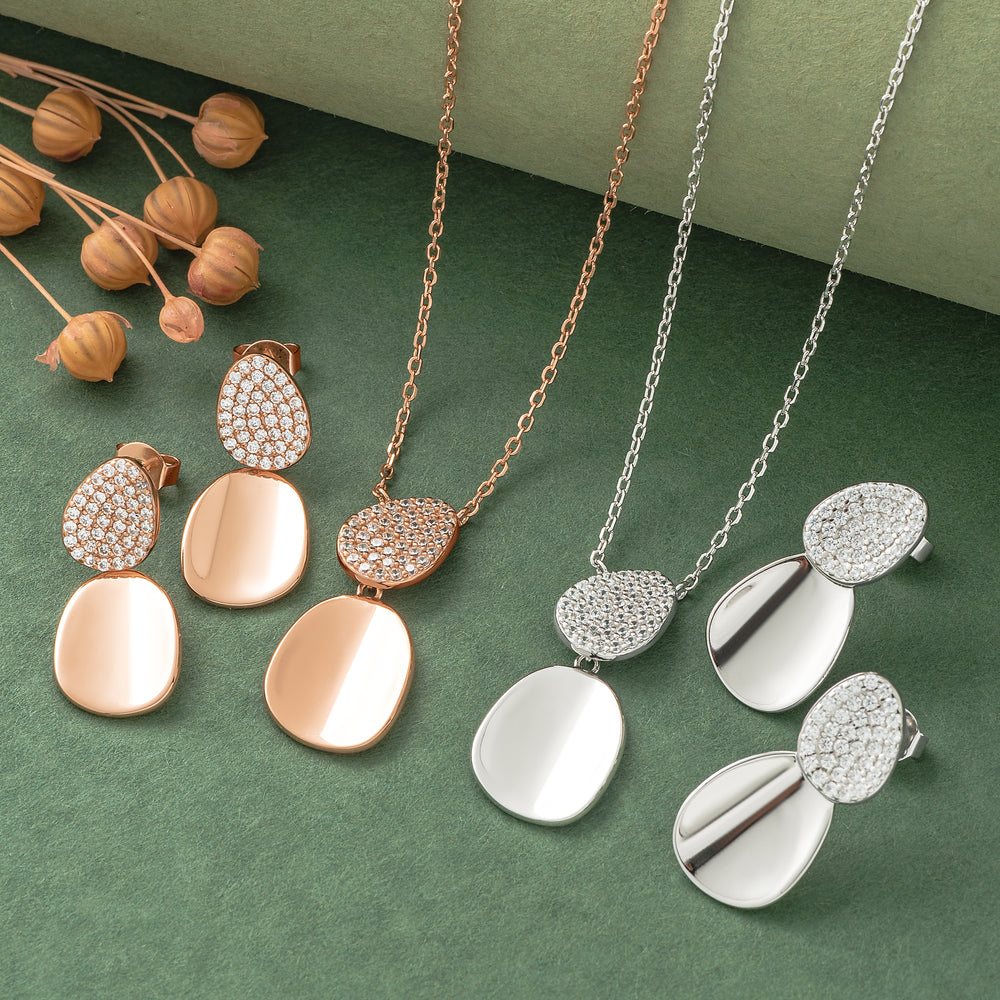 925 Silver Pendant Set With Earrings By Kesardeep For Women Rose Gold And Silver Plated Party Wear