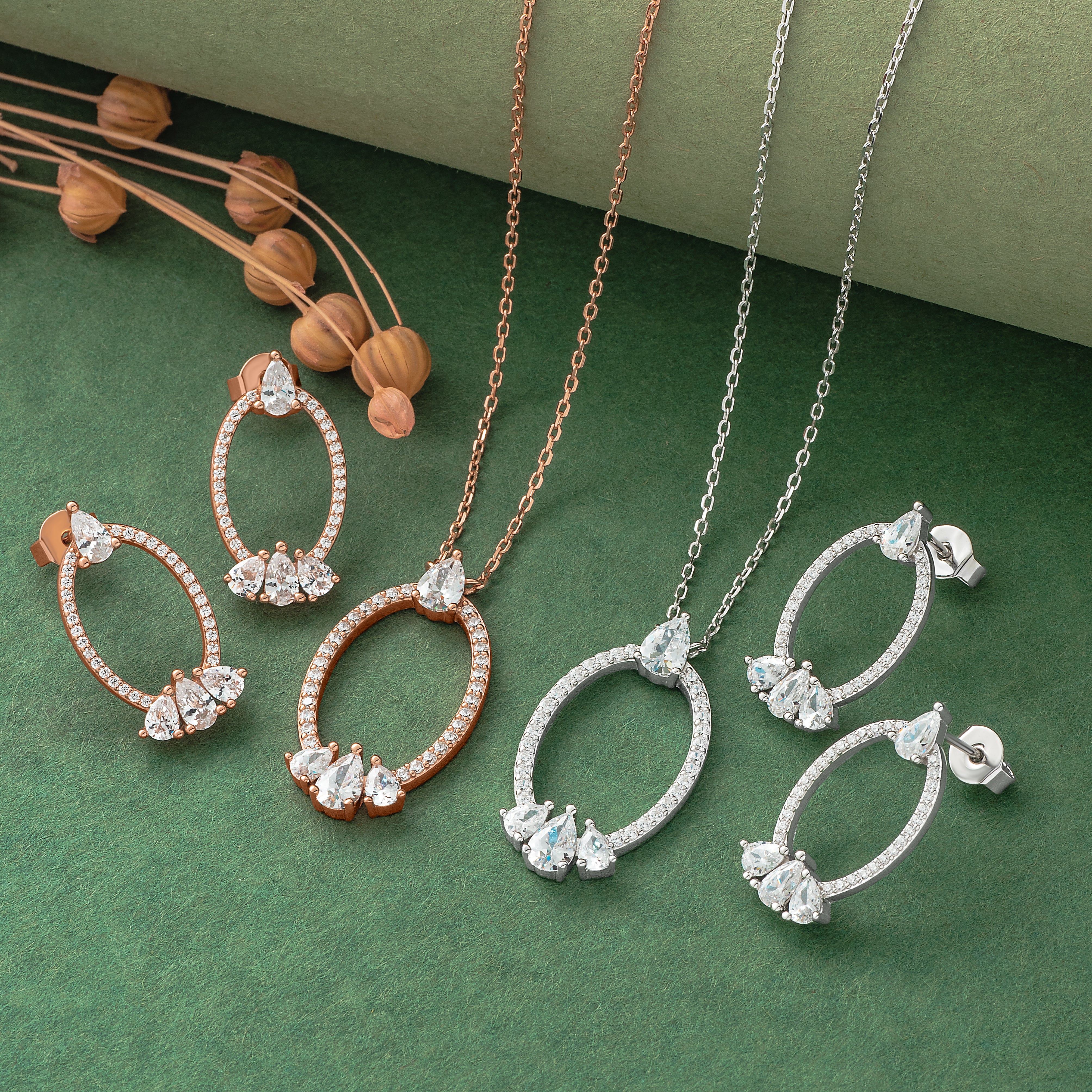 925 Silver Pendent Set With Earrings By Kesardeep For Women Rose Gold And Silver Plated Party Wear