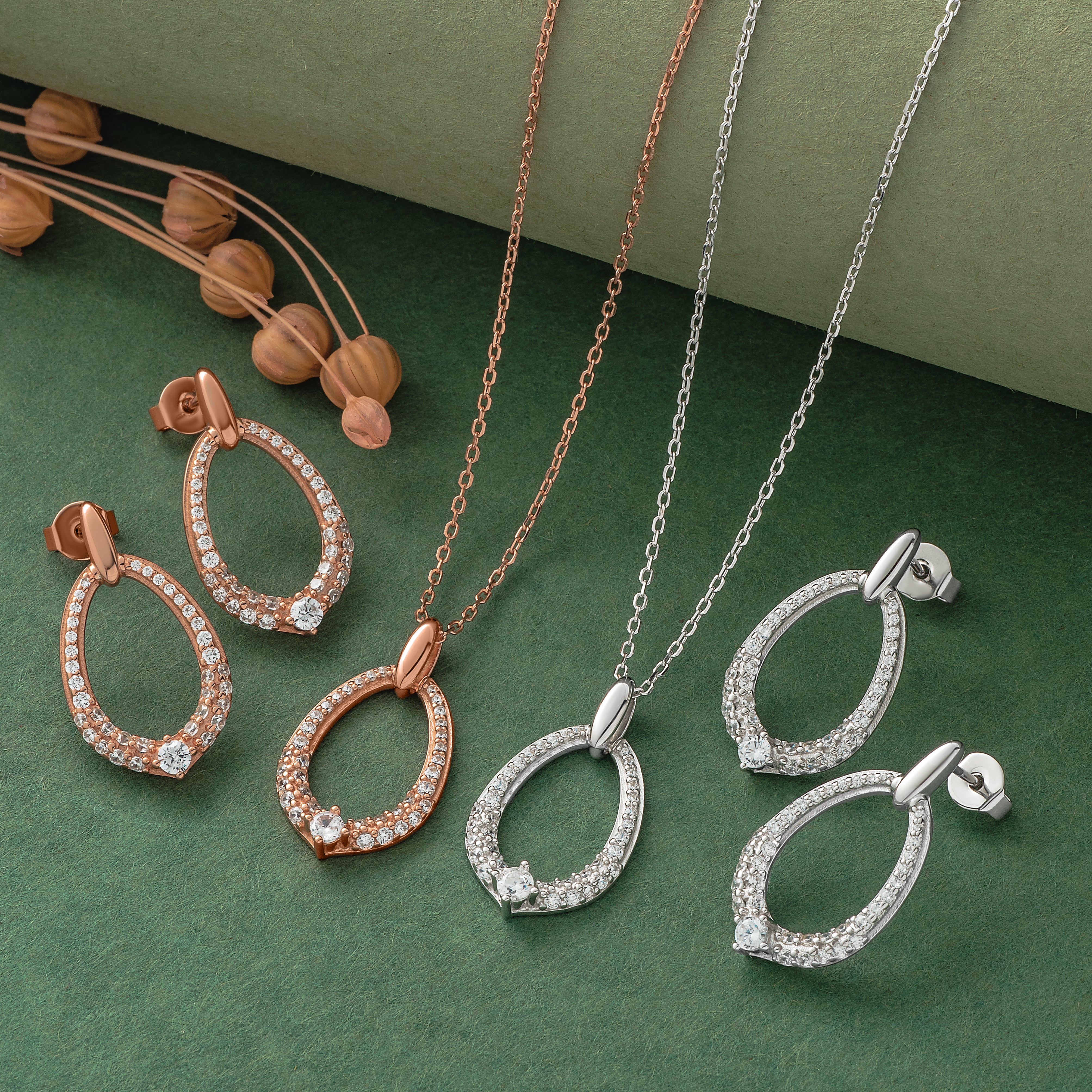 925 Silver Pendent Set With Earrings By Kesardeep For Women Rose Gold And Silver Plated Party Wear