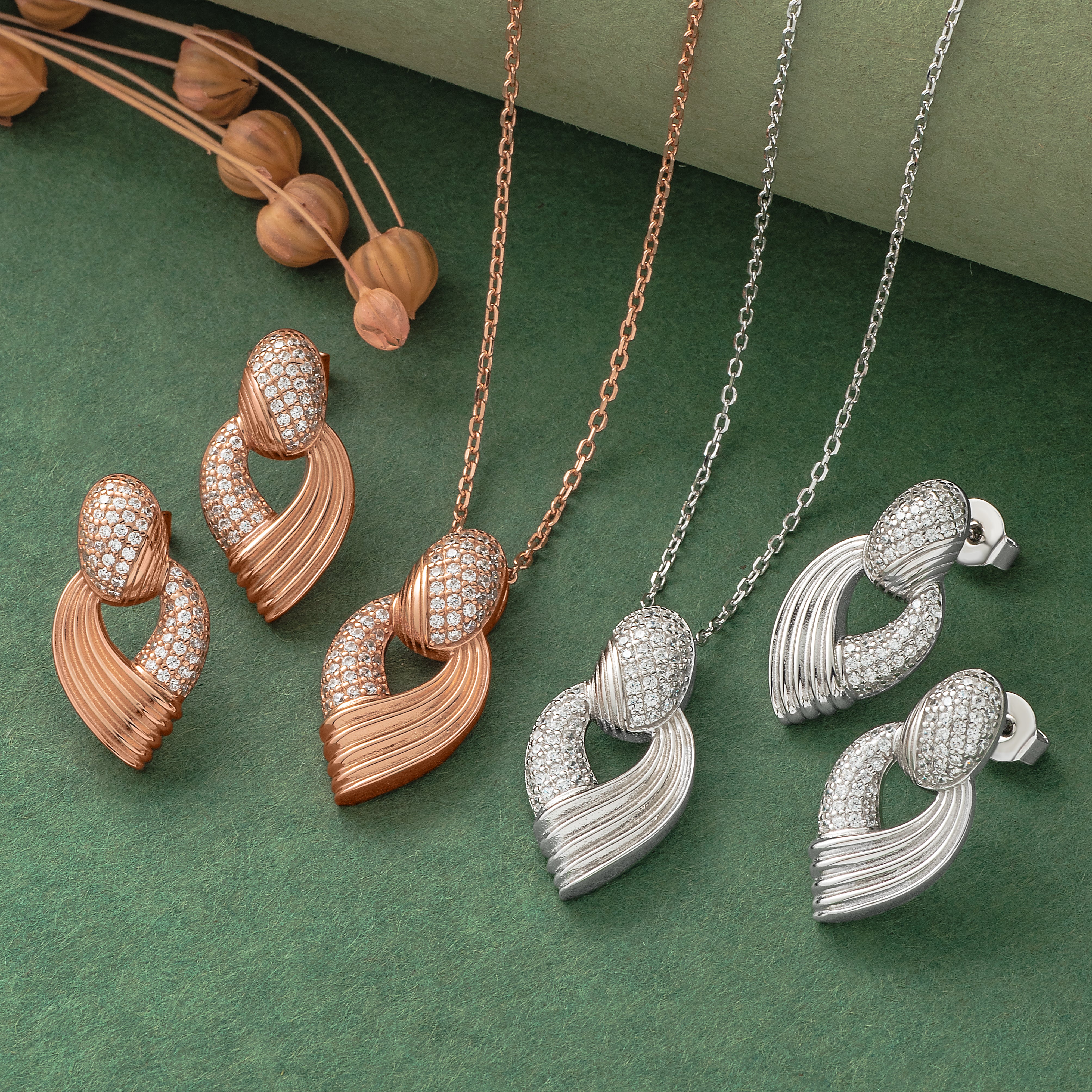 925 Silver Pendent Set With Earrings By Kesardeep For Women Rose Gold And Silver Plated Party Wear