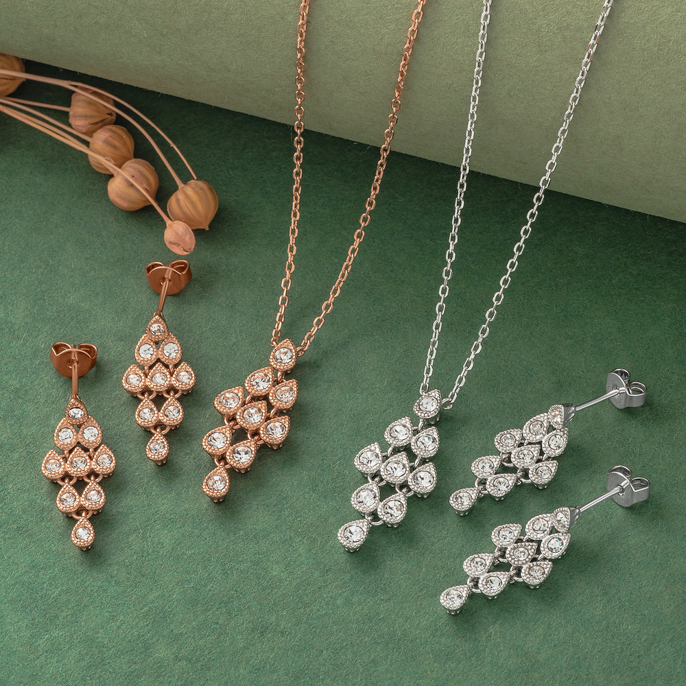 925 Silver Pendent Set With Earrings By Kesardeep For Women Rose Gold And Silver Plated Party Wear