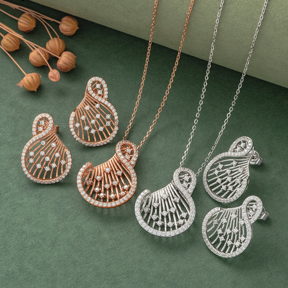 925 Silver Pendant Set With Earrings By Kesardeep For Women RoseGold And Silver Plated Party Wear