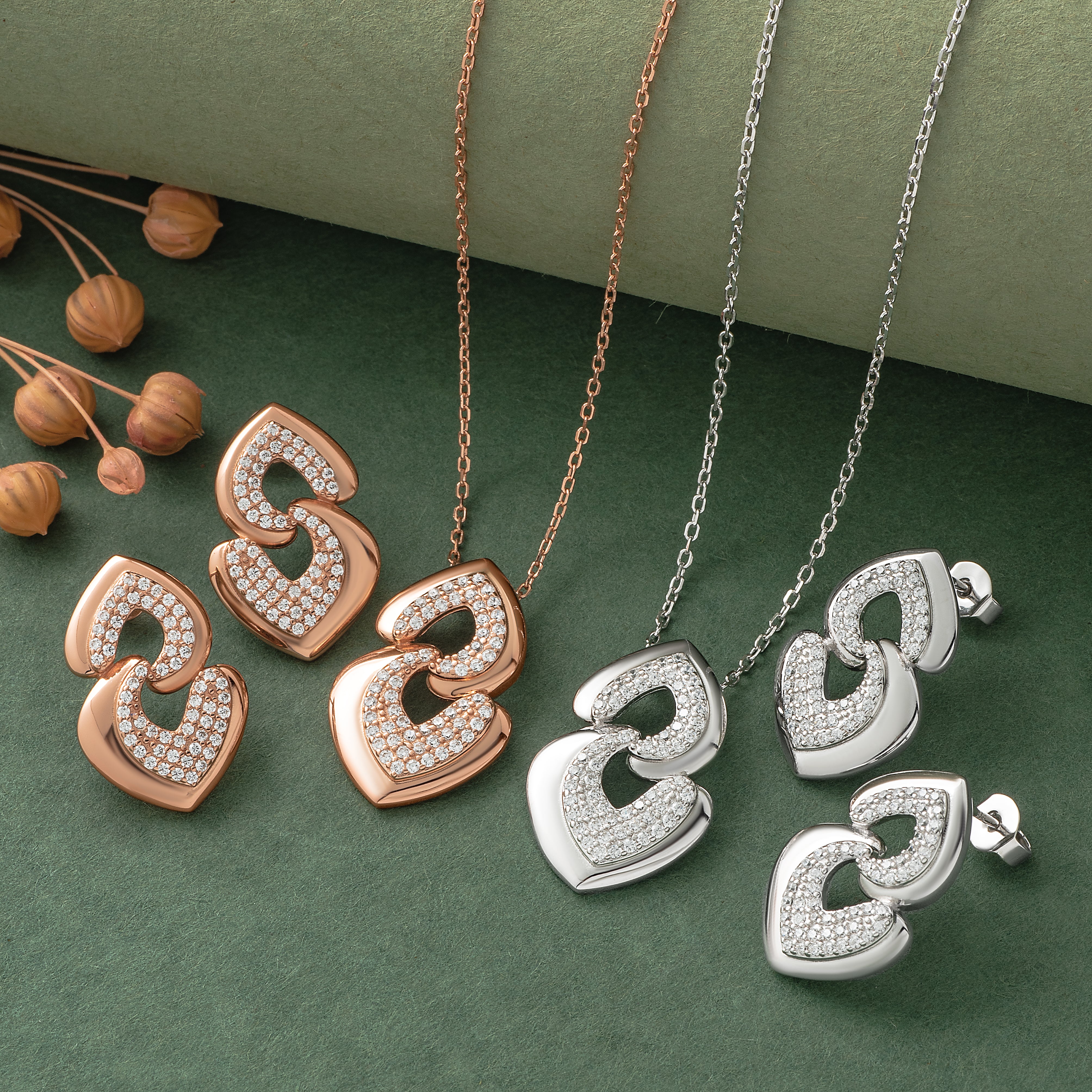 925 Silver Pendant Set With Earrings By Kesardeep For Women Rose Gold And Silver Plated Party Wear