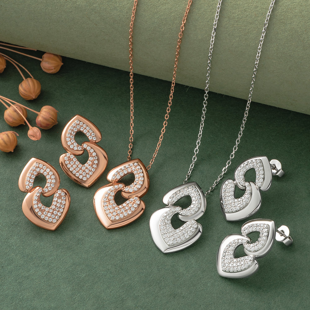 925 Silver Pendant Set With Earrings By Kesardeep For Women Rose Gold And Silver Plated Party Wear