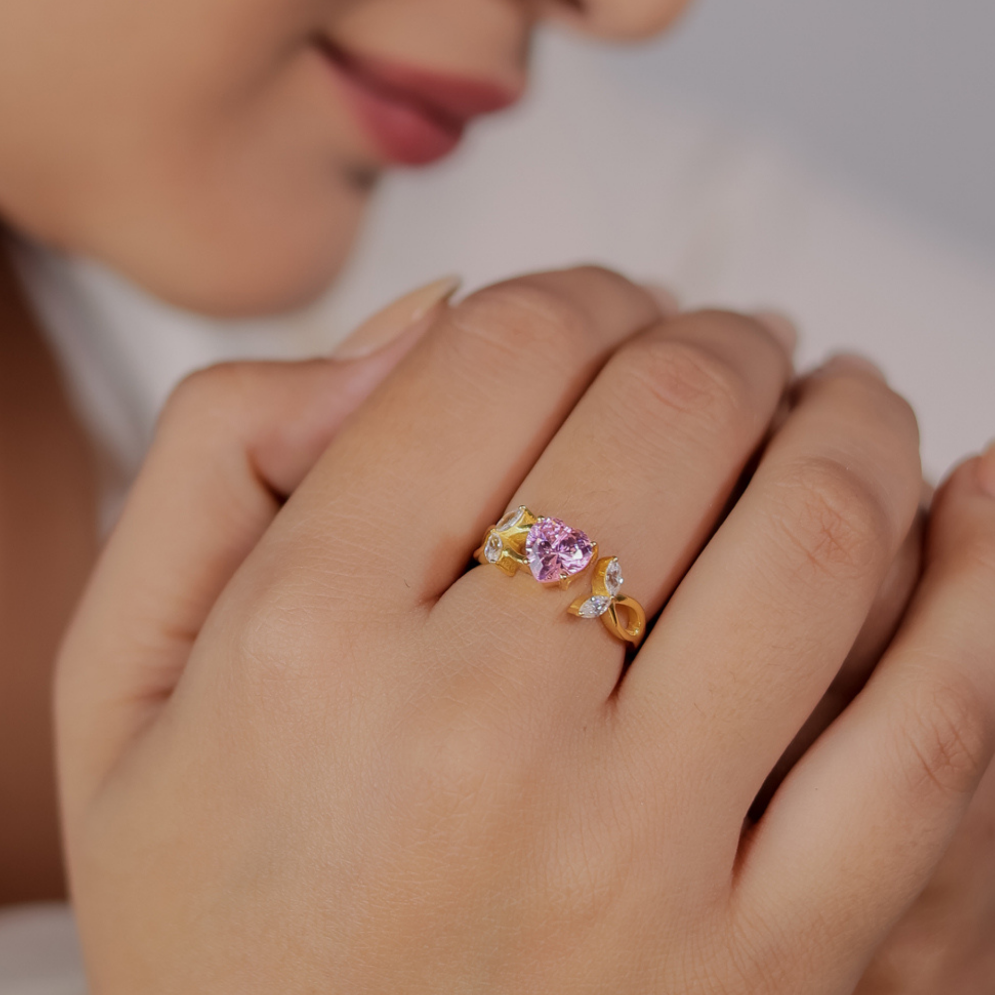 Heart And Leaves Band Engagement Ring- Hallmarked 925 Sterling Silver Yellow Gold - sitabo