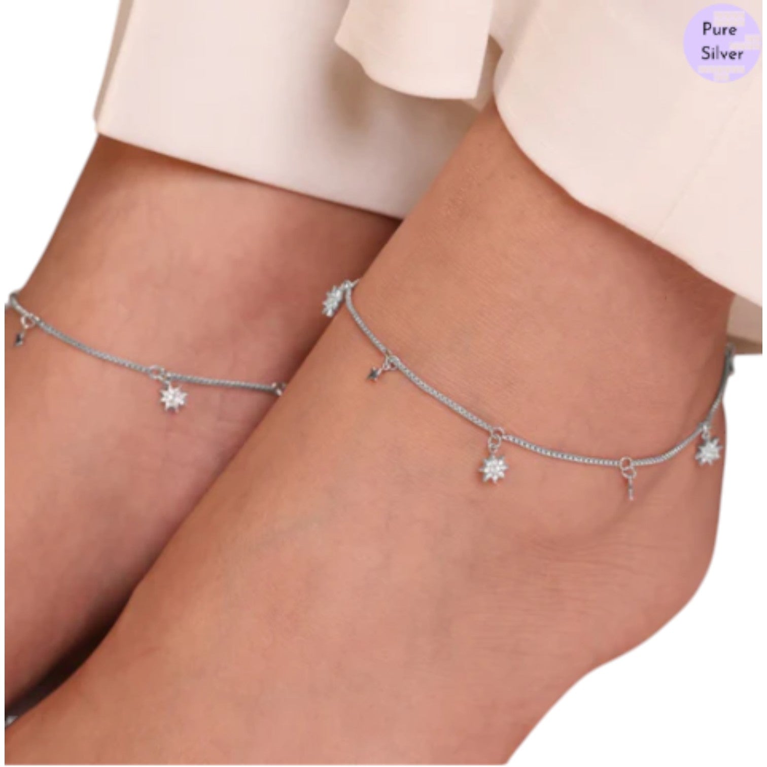 Starry Night Sky 925 Sterling Silver Rhodium-Plated Star Pattern Anklets By Kesardeep Impex For Women