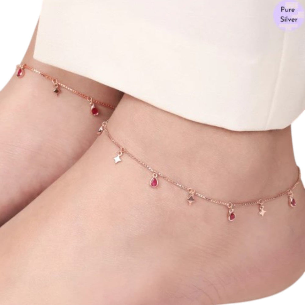 Star Rose Gold Plated Colour CZ 925 Sterling Silver Anklet By Kesardeep Impex For Women