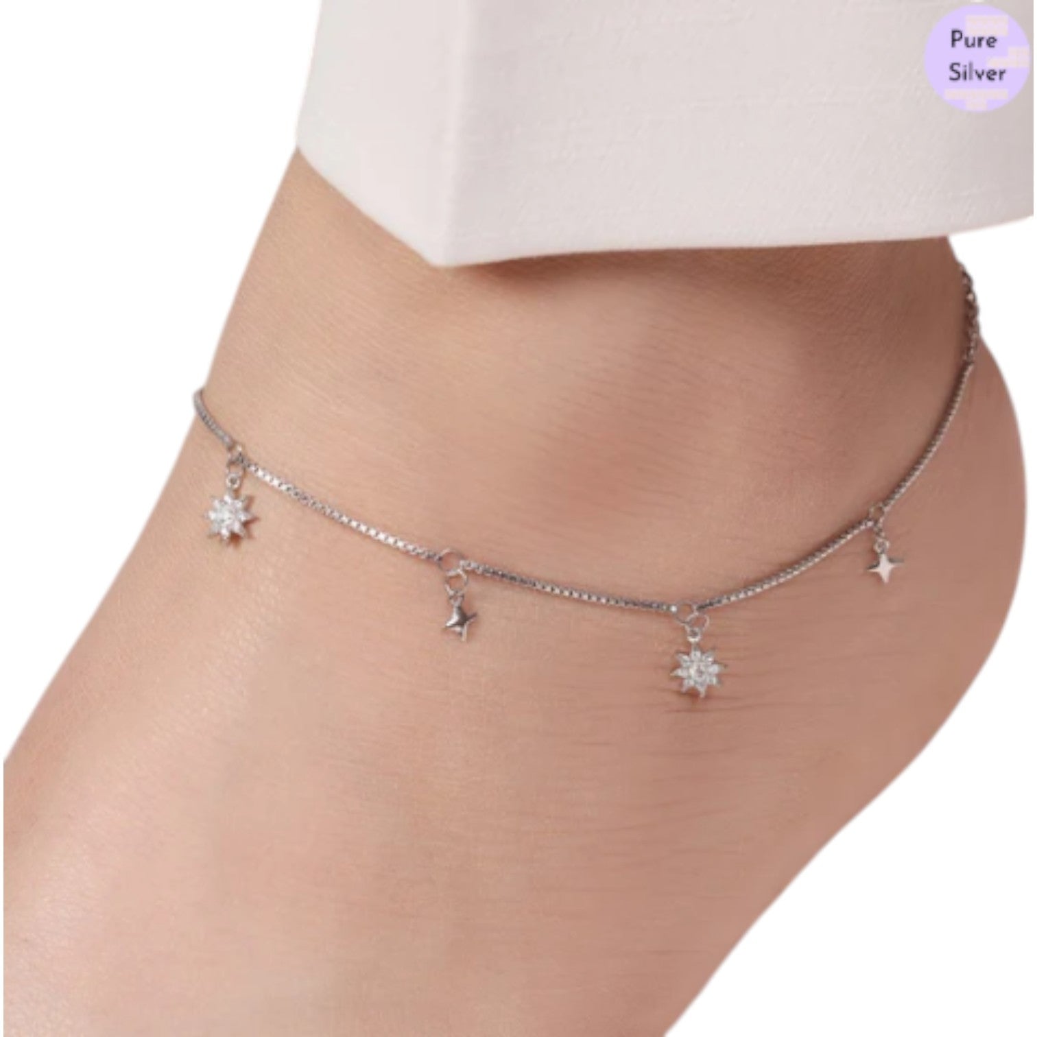 Starry Night Sky 925 Sterling Silver Rhodium-Plated Star Pattern Anklets By Kesardeep Impex For Women