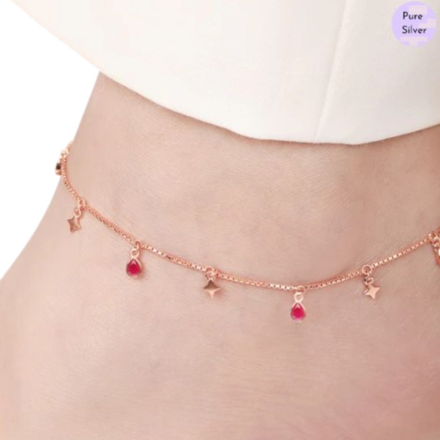 Star Rose Gold Plated Colour CZ 925 Sterling Silver Anklet By Kesardeep Impex For Women