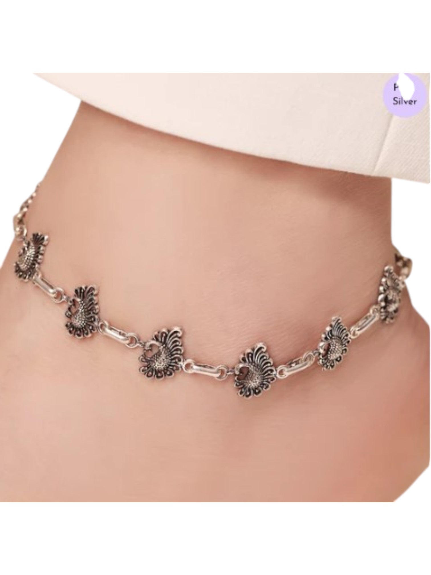 Peacock Plumage Radiance Rhodium-Plated 925 Sterling Silver Anklet By Kesardeep Impex For Women