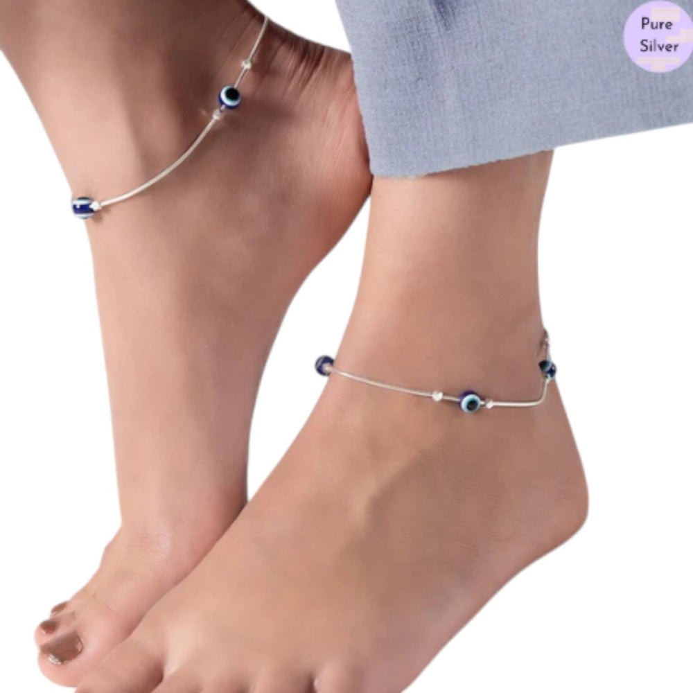 Evil Eye Beaded Rhodium Plated 925 Sterling Silver Chain Anklet By Kesardeep Impex For Women