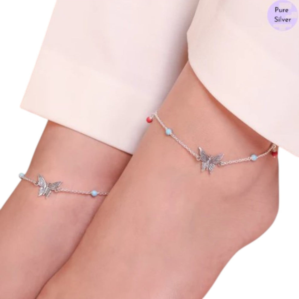 Rainbow Butterfly Rhodium Plated 925 Sterling Silver Anklet By Kesardeep Impex For Women
