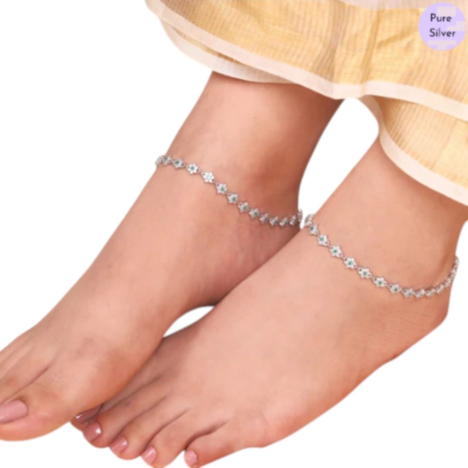 Floral Green Cz Rhodium Plated 925 Sterling Silver Anklet By Kesardeep Impex For Women