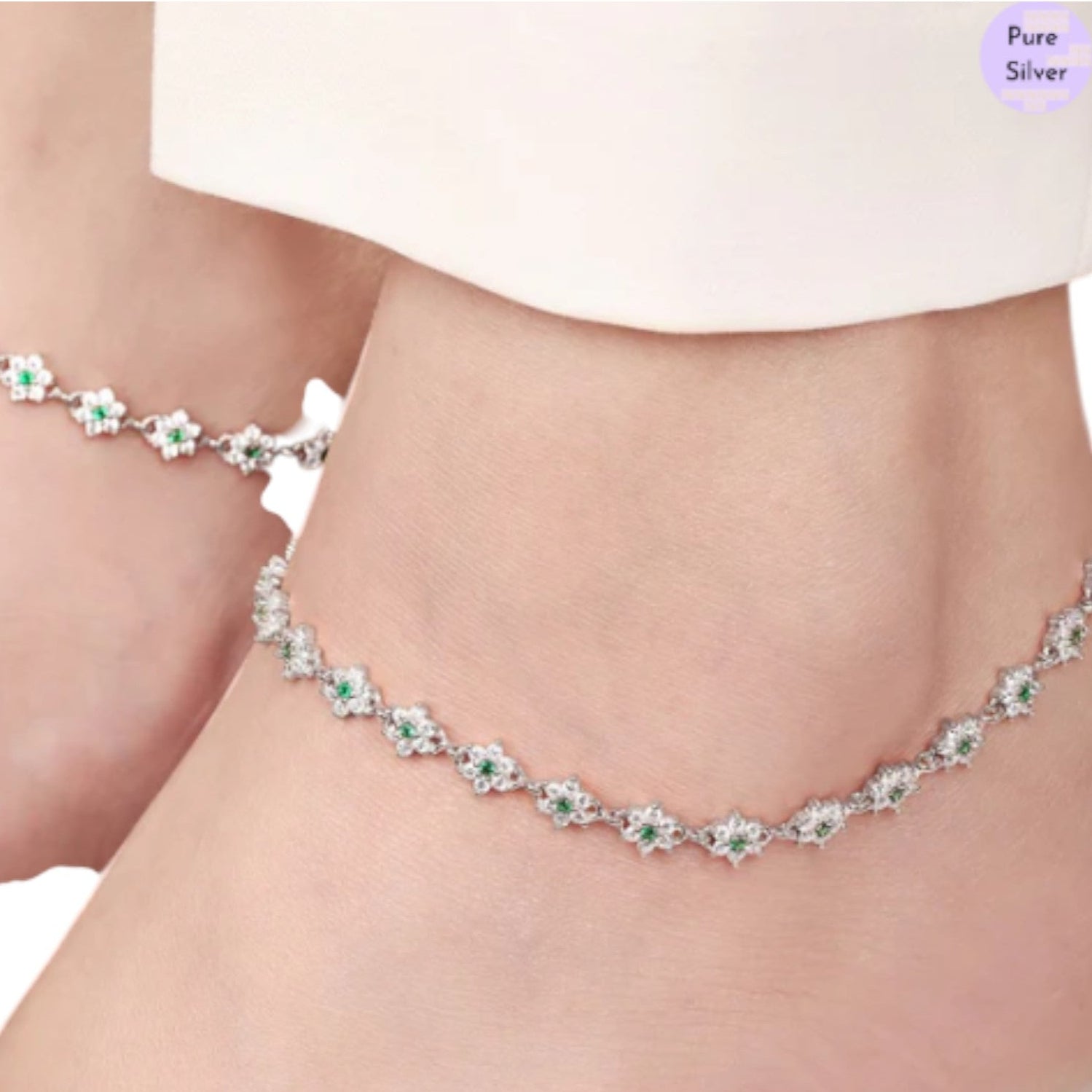 Floral Green Cz Rhodium Plated 925 Sterling Silver Anklet By Kesardeep Impex For Women
