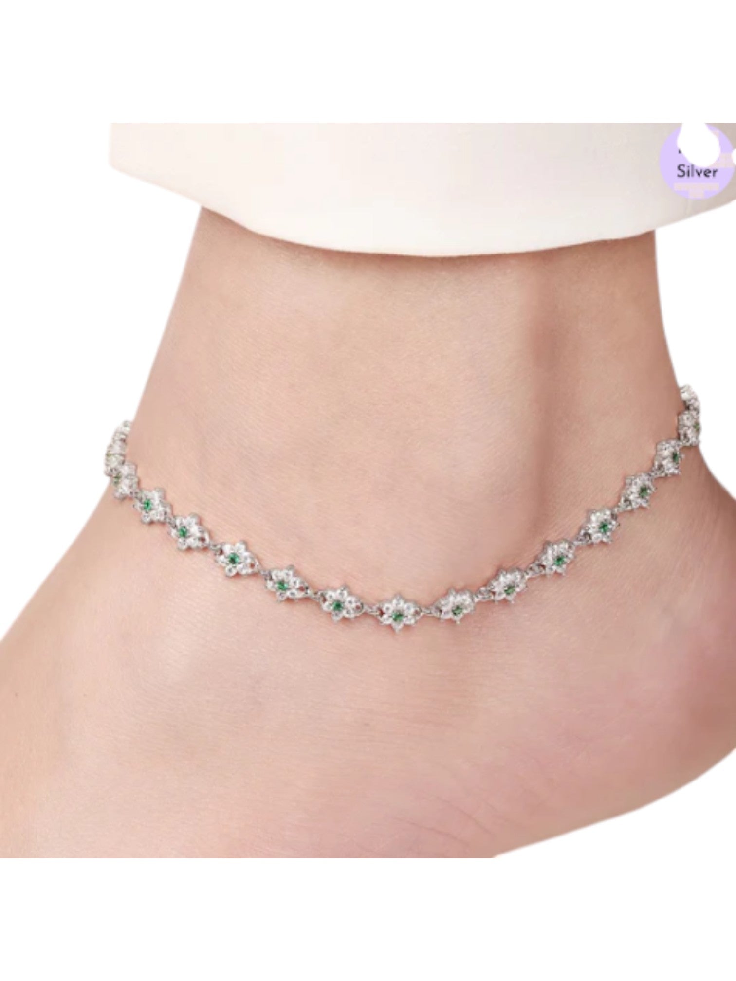 Floral Green Cz Rhodium Plated 925 Sterling Silver Anklet By Kesardeep Impex For Women