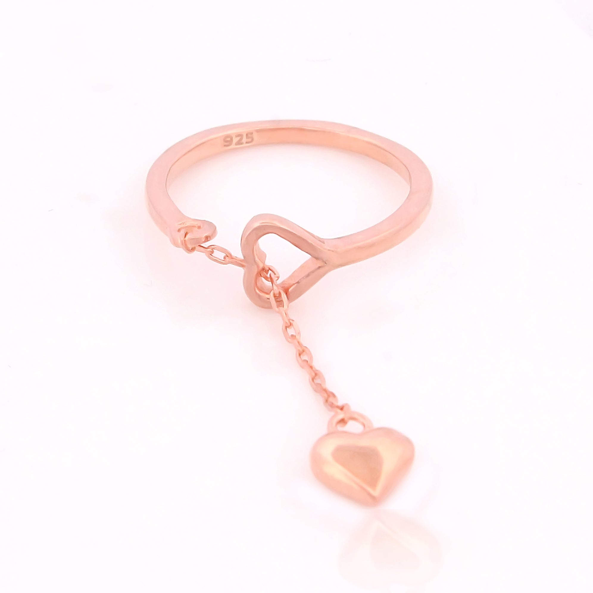 valentine Heart Melting Chain Charm Ring- Hallmarked 925 Sterling Silver Rose Gold