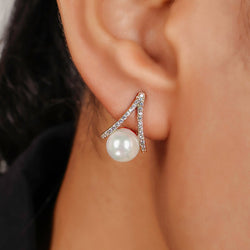 Water Pearl Drop Sparkling CZ  Stud Earring, Hallmarked 925 Sterling Silver - sitabo