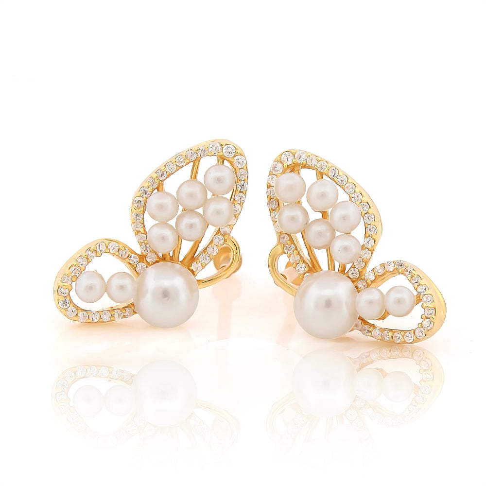 Butterfly Pearl Modern Stud Earrings For Wedding, Hallmarked 925 Sterling Silver
