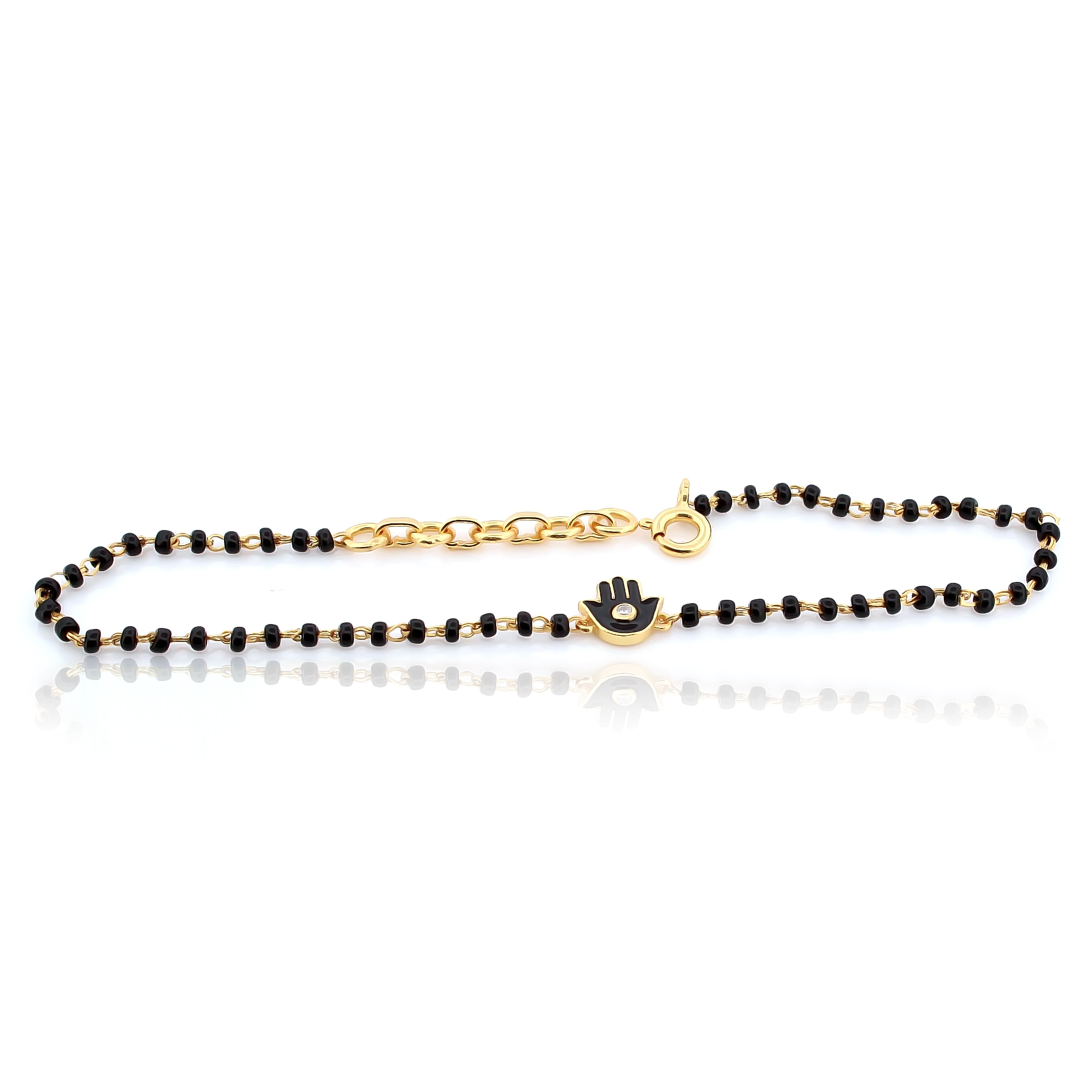 Black Enamel Evil Eye Buddha Hand black beads Bracelet – 18KT Gold Plated | 925 Sterling Silver | Strength, Elegance & Protection