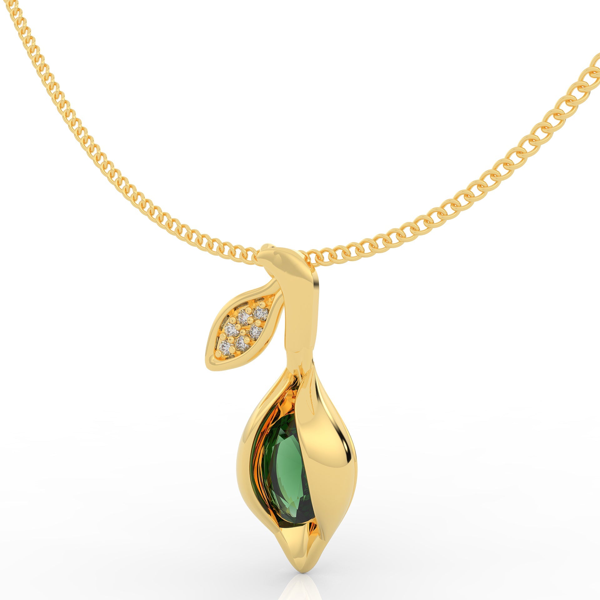 Refined Green Gemstone Leaf Pendant With Chain, Hallmarked 925 Sterling Silver - sitabo