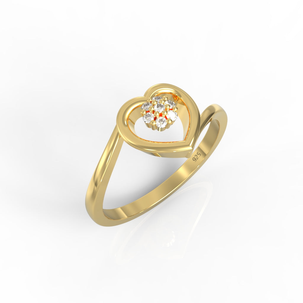 Heart Shape Engagement Ring, Hallmarked 925 Sterling Silver Yellow Gold - sitabo