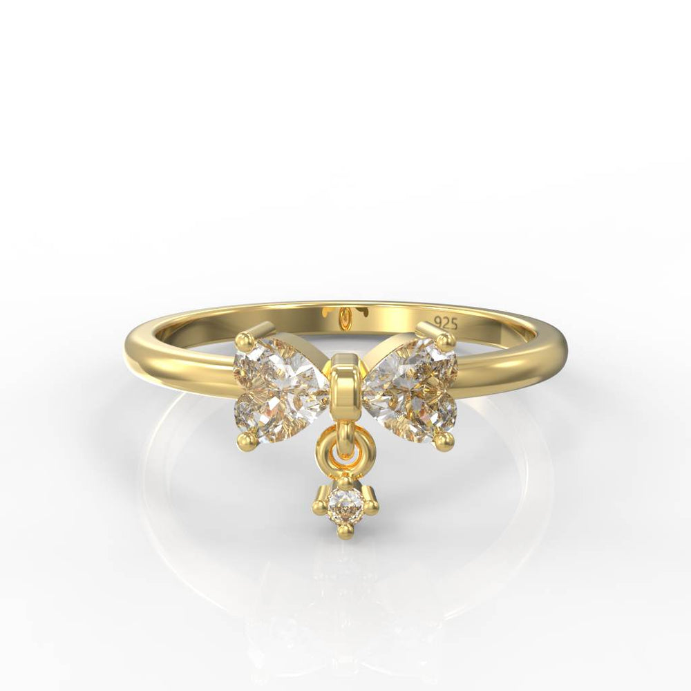 Sparkling Bow Charm Engagement Ring, Hallmarked 925 Sterling Silver Yellow Gold - sitabo