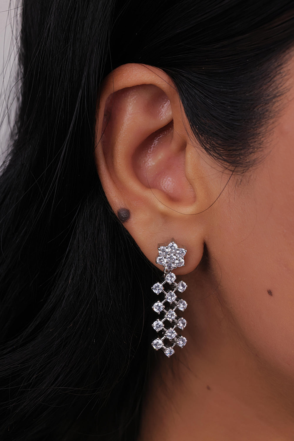 92.5 Sterling Silver CZ Stone Light Weight Floral Drop Earrings For Women By Kesardeep