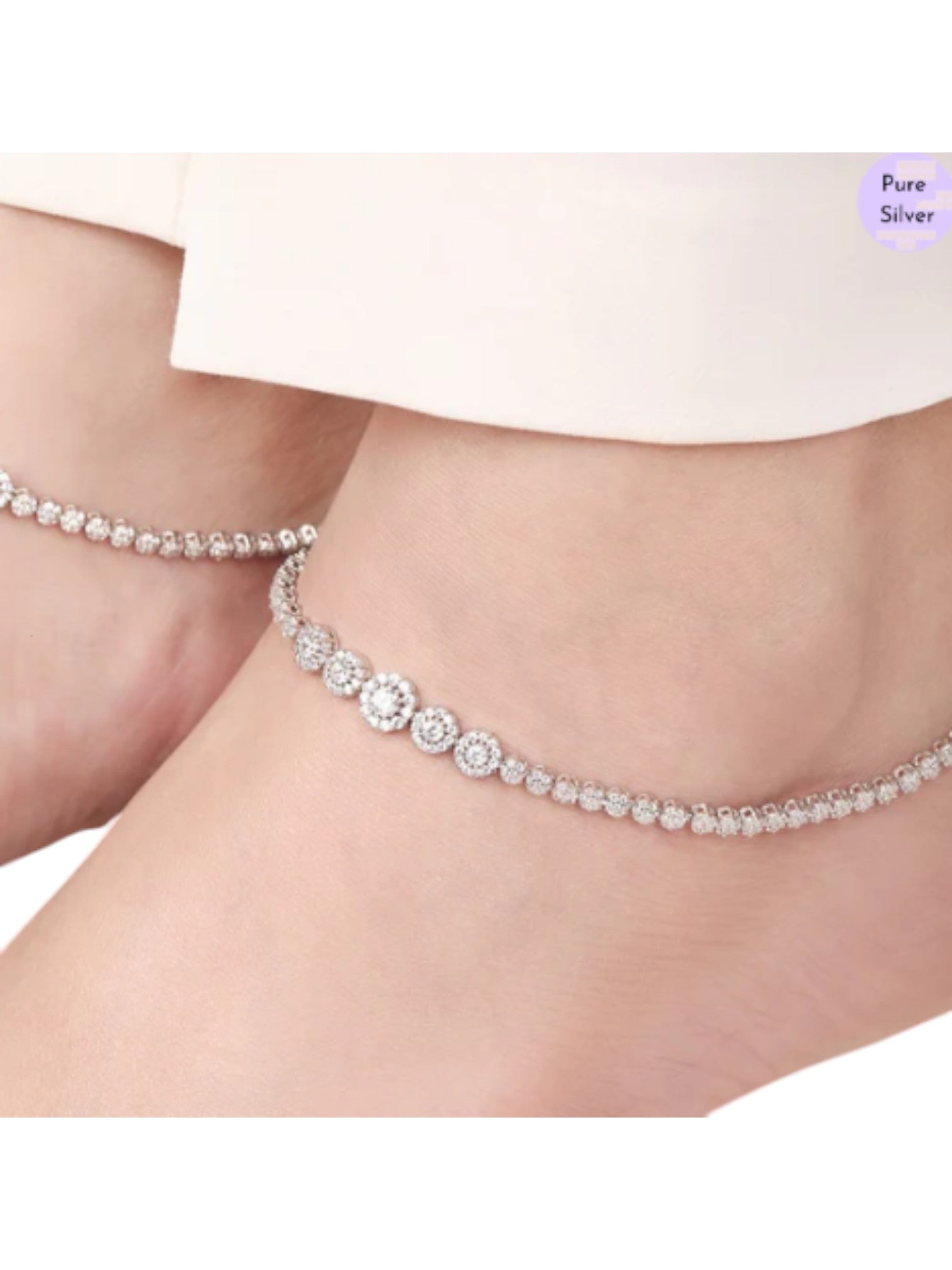 Glimmering Fusion Floral CZ Rhodium Plated 925 Sterling Silver Anklet By Kesardeep Impex For Women
