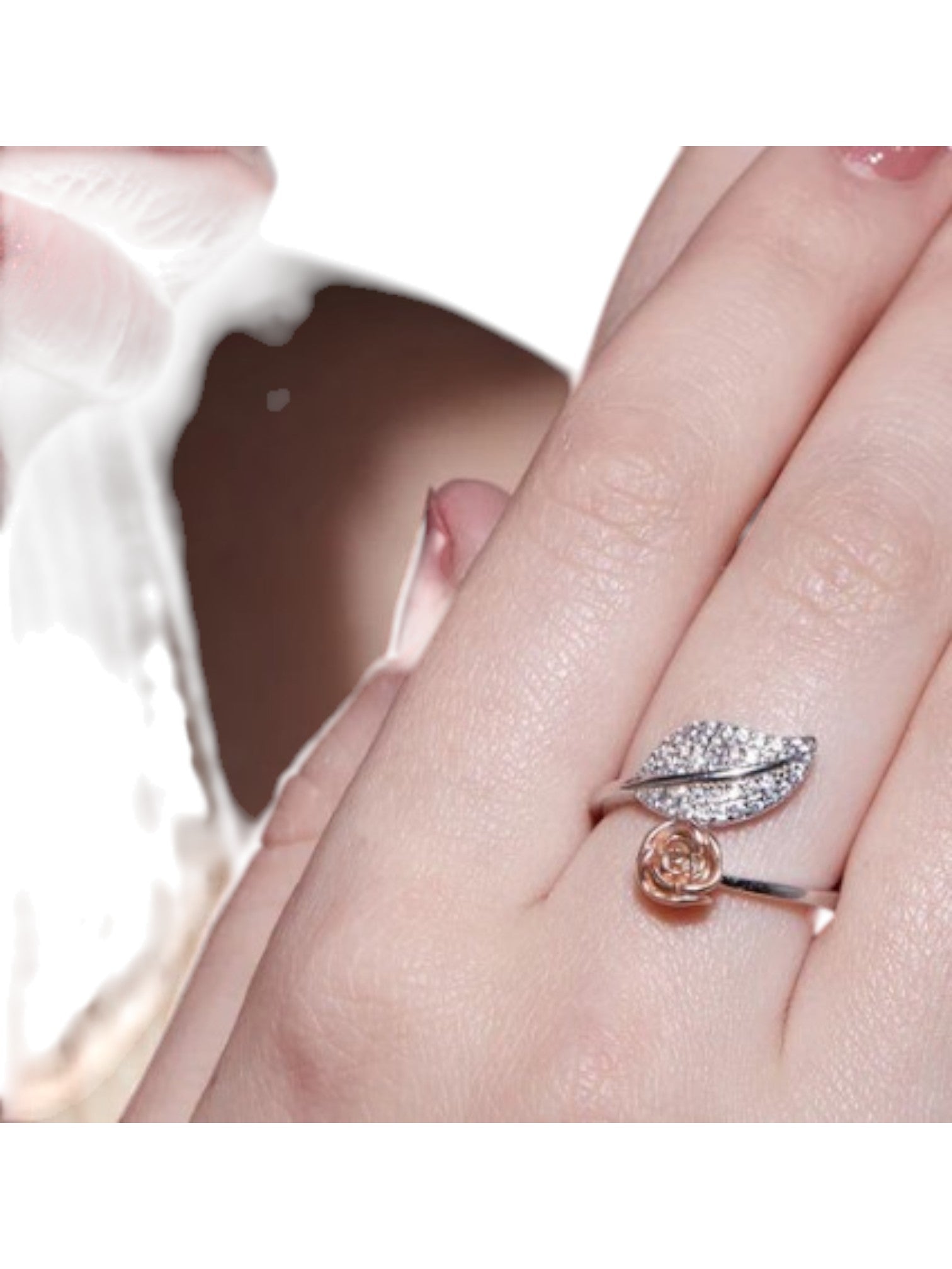 Rose Leaf Rhodium Plated 925 Sterling Silver CZ Stone Light Weight Ring For Women By Kesardeep