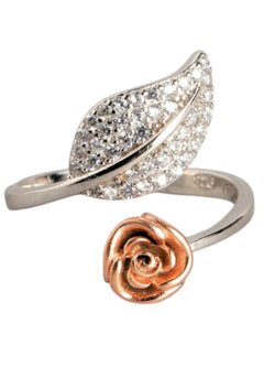 Rose Leaf Rhodium Plated 925 Sterling Silver CZ Stone Light Weight Ring For Women By Kesardeep