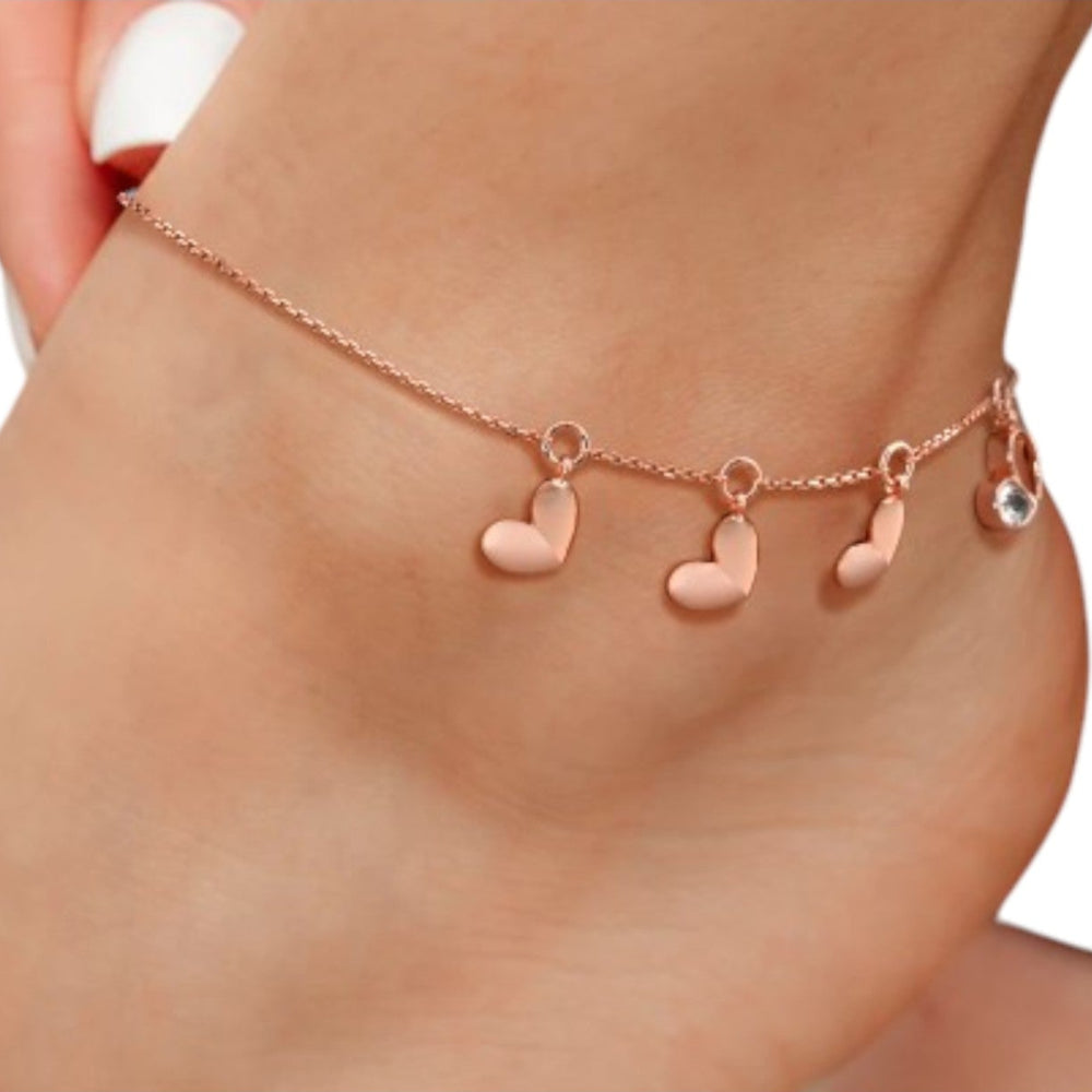 Rose Gold Heart 925 Sterling Silver Heart Charm Bling  Anklet By Kesardeep Impex For Women