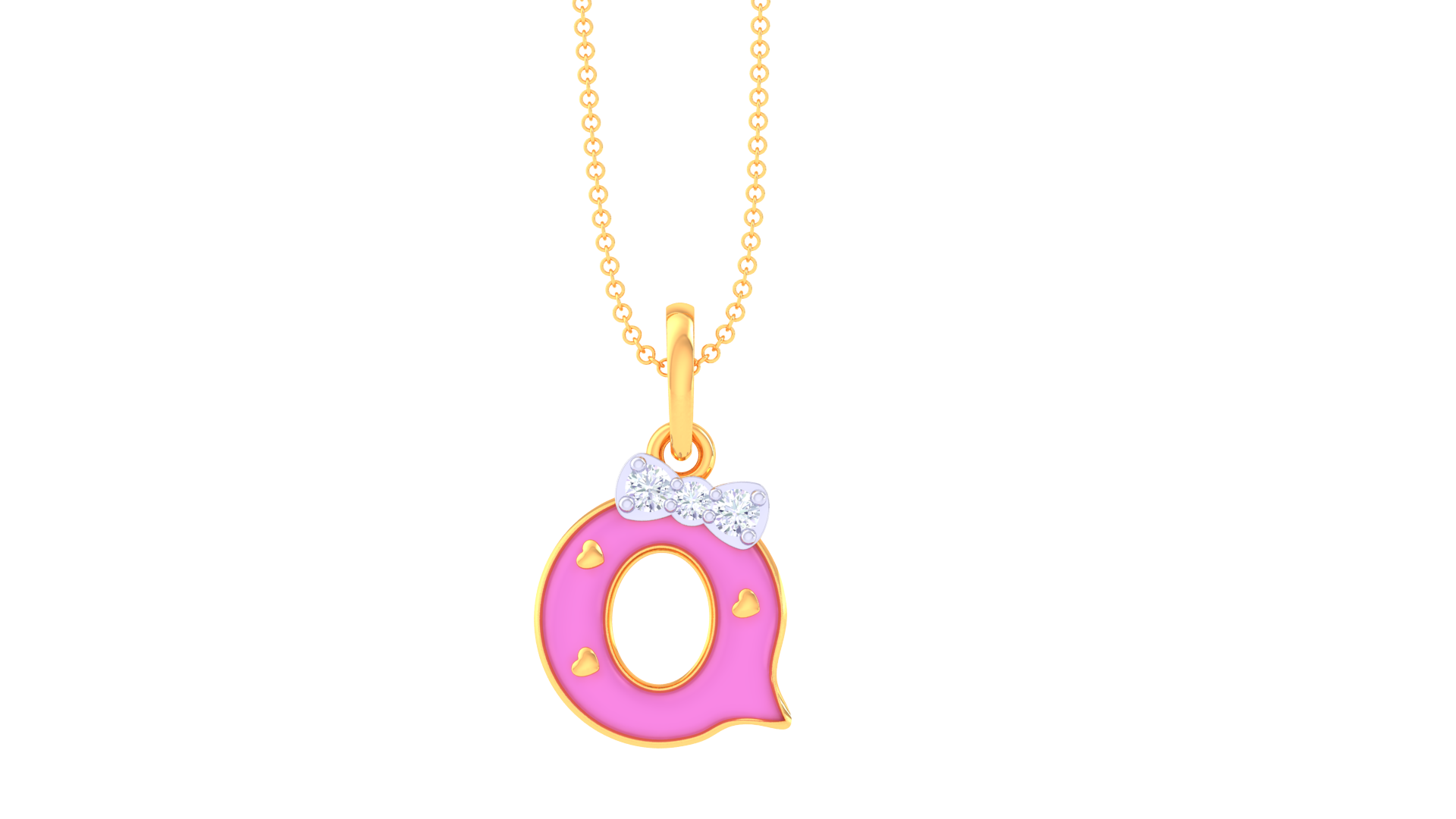 92.5 Sterling Silver CZ Stone Light Weight Silver And Gold Plated Alphabet Q Shaped Pendant With a Bow Design For Kids By Kesardeep